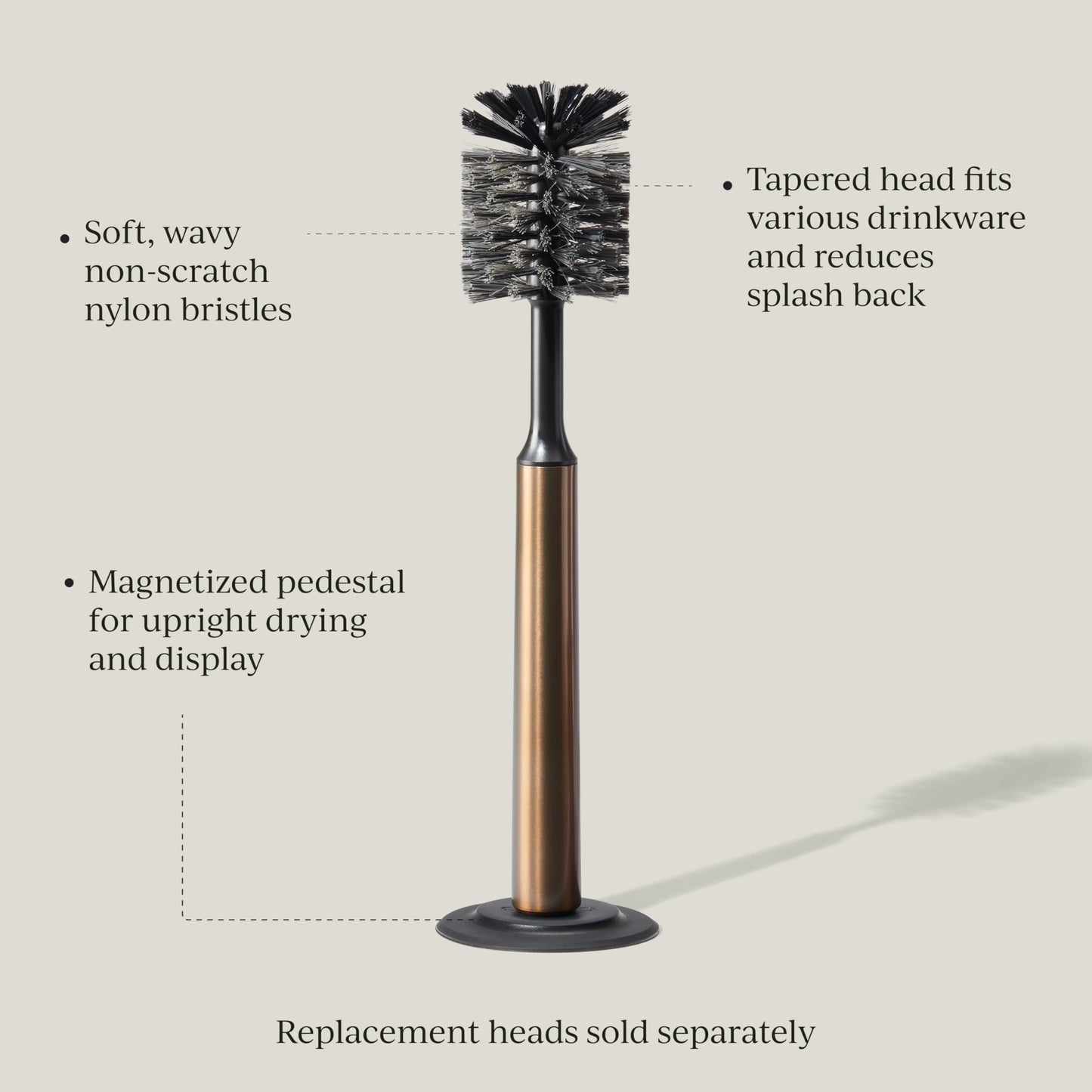 Curio Home Goods Ionic Bottle Brush, Magnetized to Stand Upright, Stainless Steel with Replaceable Head, Bronze