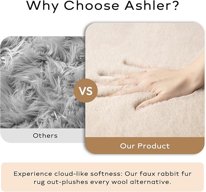 Ashler Faux Fur Rug, Upgraded Soft Faux Rabbit Fur, Beige Area Rugs, 2 x 6 Feet, Machine Washable Nursery Decor Throw Rugs for Bedroom, Kids Room, Living Room