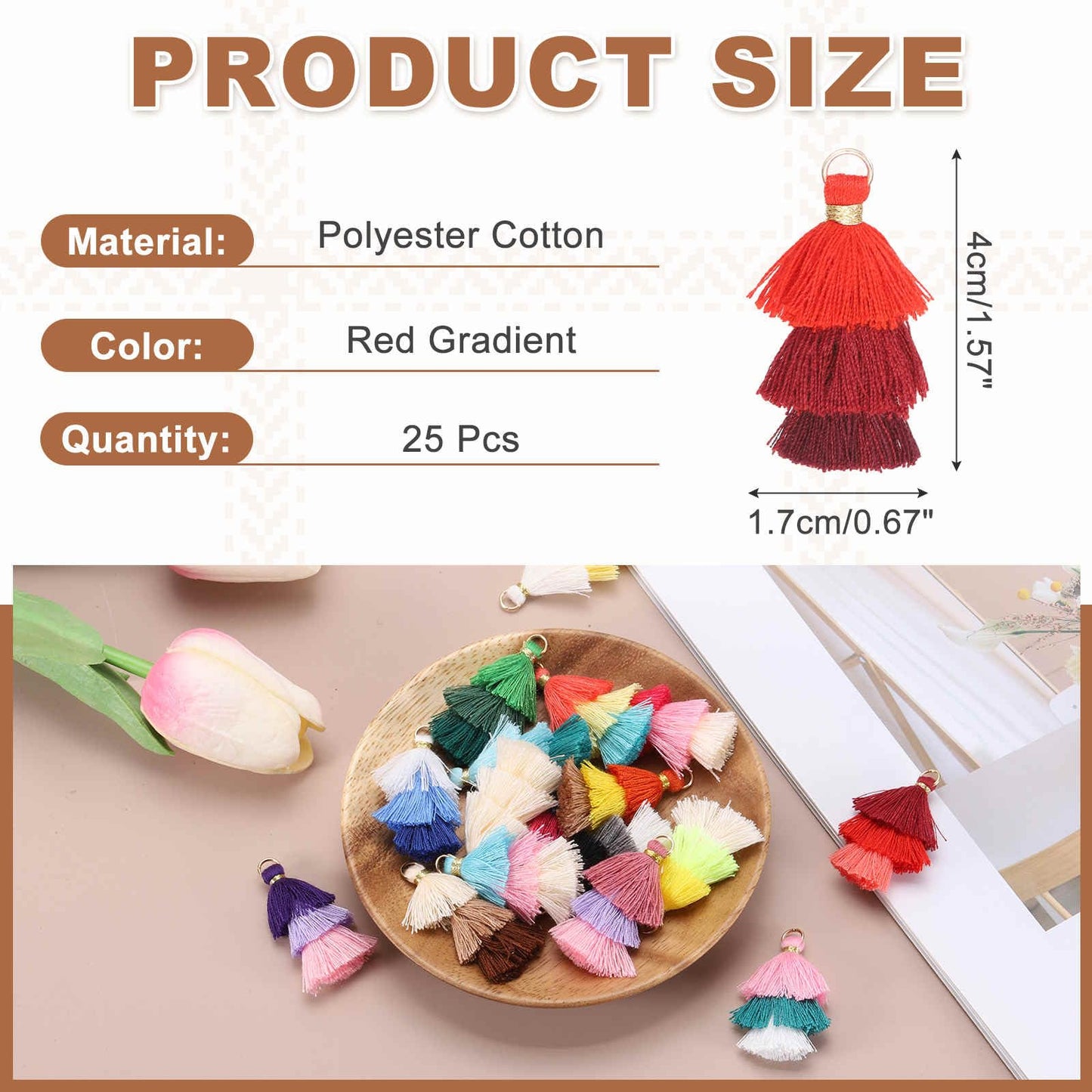MECCANIXITY Mini Tri-Layered Tassels 1.6" Multi Layers Bohemian Handmade Tassel Bag Charm with Jump Ring for Making Earring Keychain Dreamcatcher DIY Crafts Pack of 25, Red Gradient