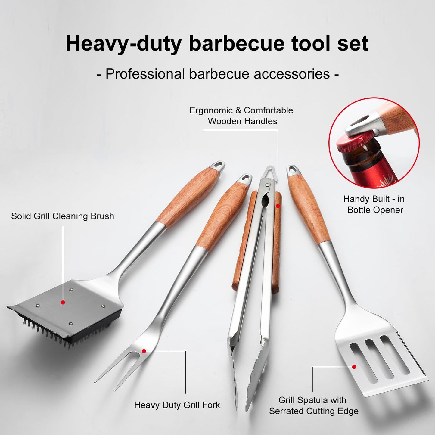 Heavy-Duty Wood BBQ Grilling Accessories Tools Set, Premium Thickened Stainless Steel Barbecue Utensils for Outdoor Grilling