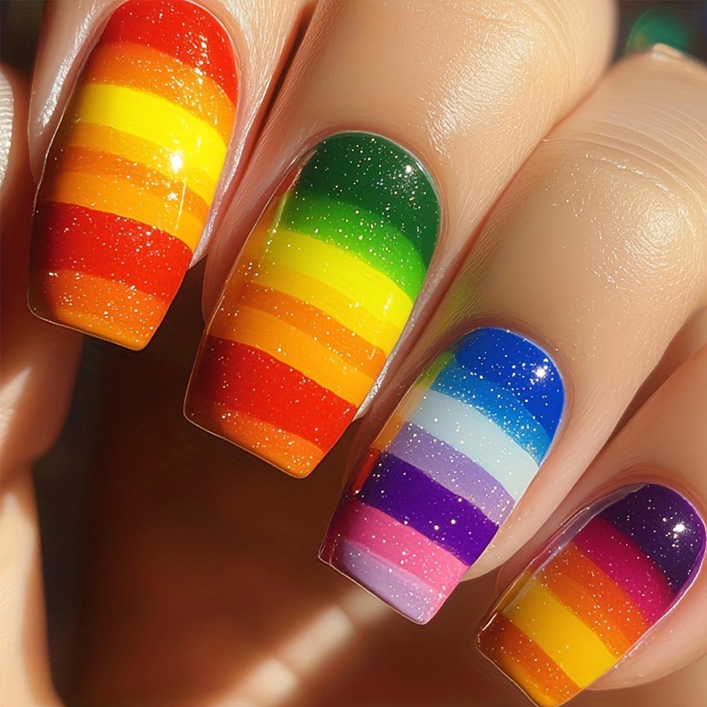 Rainbow Glitter Press on Nails Medium Square Fake Nails with Colorful Stripes Design Summer Glue on Nails Glossy Holiday False Nails Reusable Full Cover Stick on Nails for Women 24Pcs