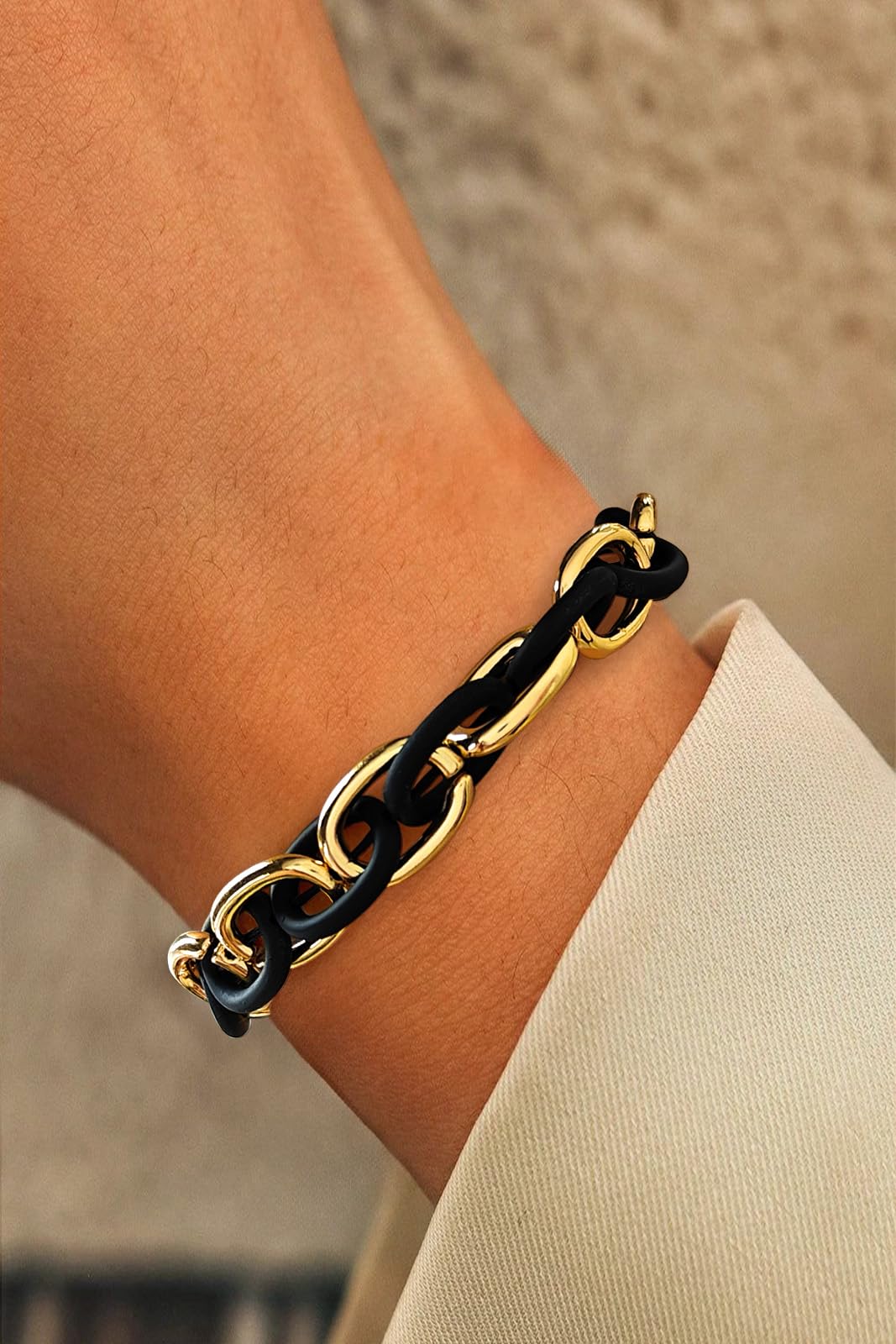 WOWORAMA Chunky Chain Bracelet for Women Men Black Gold Stretch Link Chain Bangle Bracelets Mixed Metal Thick Chunky Link Bracelet Elastic Adjustable Statement Bracelets