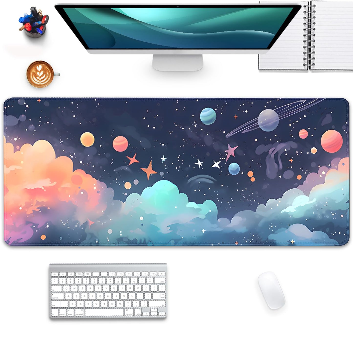 Cosmos Desk Mat Mouse Pad,Anime-Inspired Space Scene Mousepad, Cute Aesthetic Stars and Planets,Large Galaxy Mouse Pad,Cute Desk Mat for Home Work Ofiice(27.5X11.8 in)