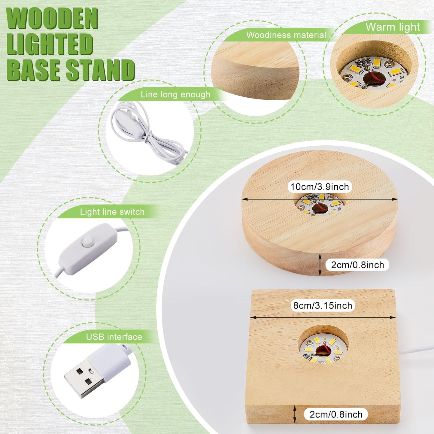 Honoson 4 Pcs LED Light Base - Wooden LED Base for Crystal Wood Light Display for Glass Art Lighted Stand for 3D Glass Resin Art(Square, Round)