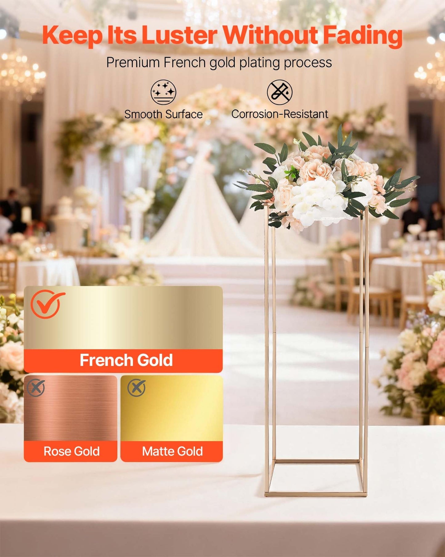 VEVOR Wedding Flower Stand, 10PCS 31.5-inch Column Flower Stand, Floral Stands with Metal Laminate, Rectangular Floral Display Rack for Wedding, Party, Birthday, Home,French Gold Centerpiece Stands