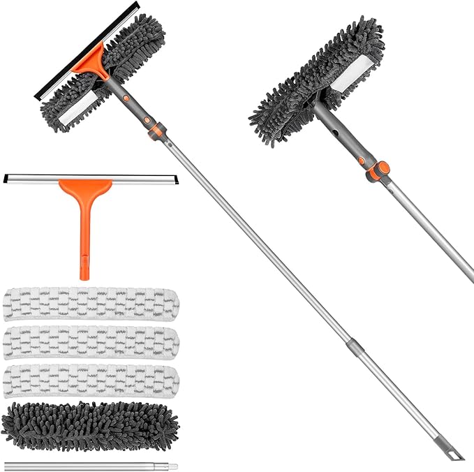 Chabatree Window Squeegee Cleaner Set 2-in-1 Window Cleaning Tool with Extendable Pole, Window Cleaning kit with Bendable Head for Indoor & Outdoor Glass for Car Indoor Outdoor High Windows（Kit2.0）