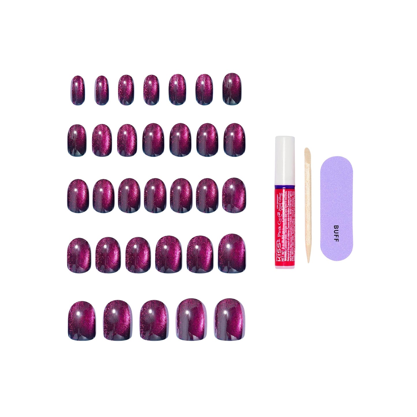 Kiss Glam, Press On Nails, Nail glue included, 'Simple Joys', Purple, Short Size, Round Shape, Includes 32 Nails, 2g Glue, 1 Manicure Stick, 1 Mini File