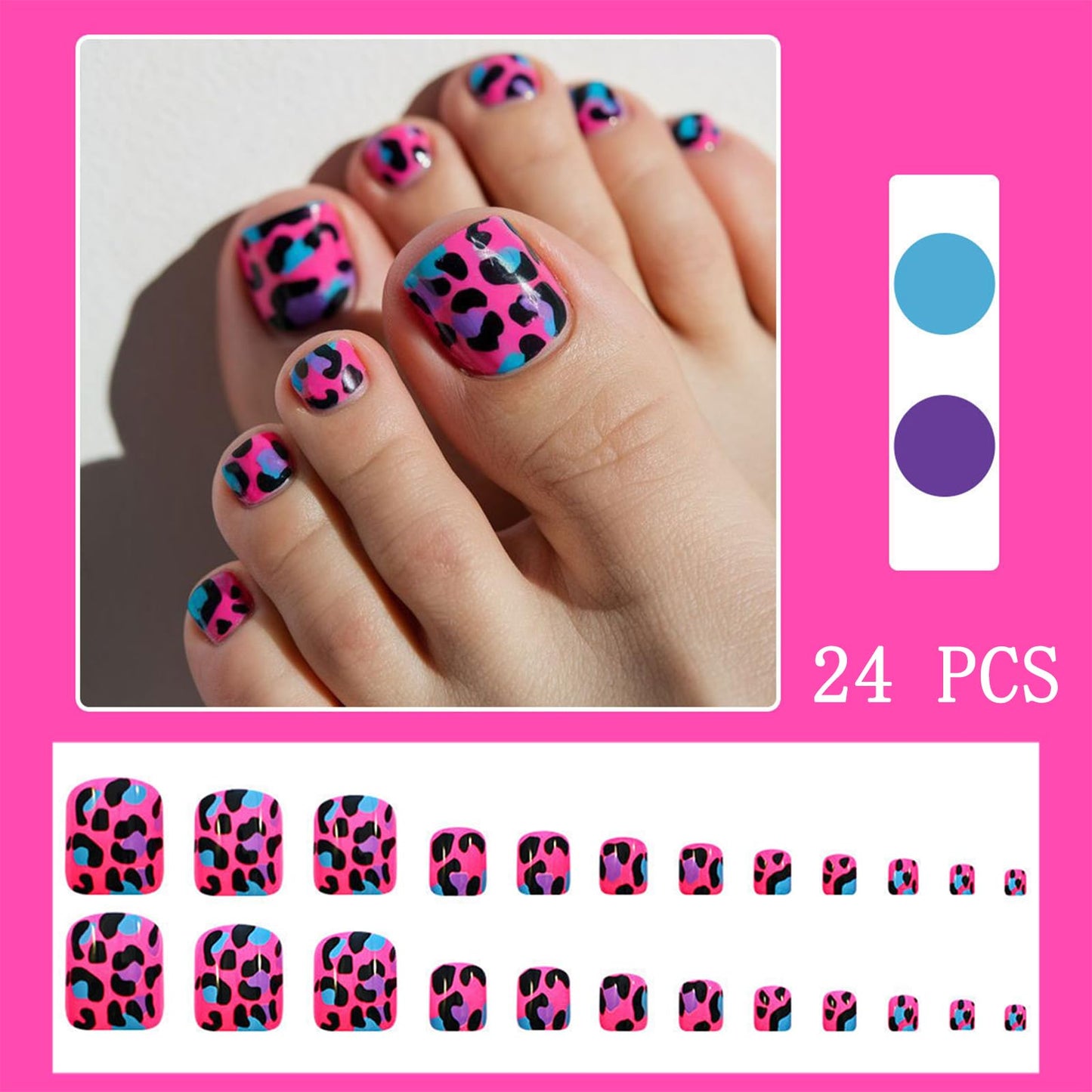 Leopard Print Press on Toenails Short Square Fake Toe Nails with Pink Spotted Leopard Designs Glossy Acrylic Artificial Full Cover False Stick on Toenails for Women Decoration 24Pcs