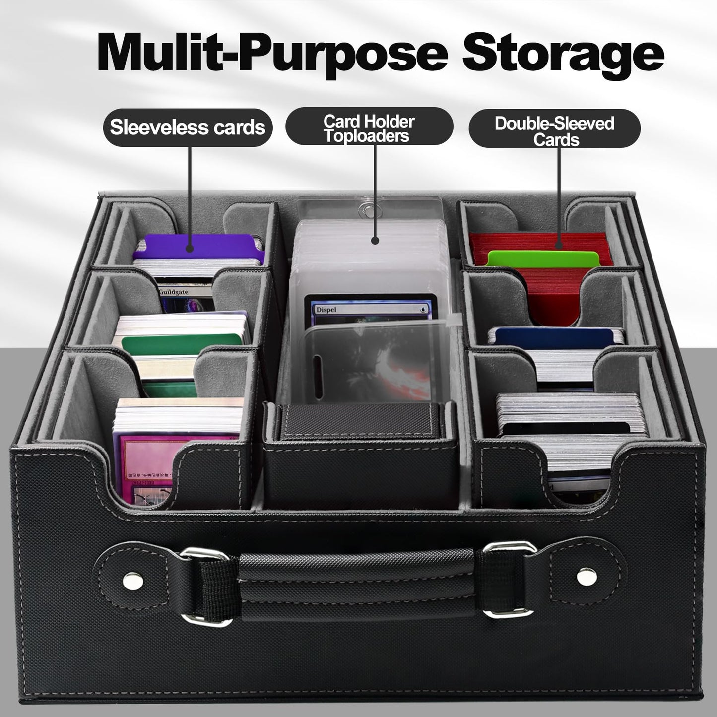 RyshePro 7-in-1 Trading Card Storage Box with Handle, MTG TCG Deck Box with Commander Display Fits 1300+ Sleeved Cards - Includes 6 Toploaders, 3 Stoppers, 16 Colorful Dividers & Dice Box (Black Grey)