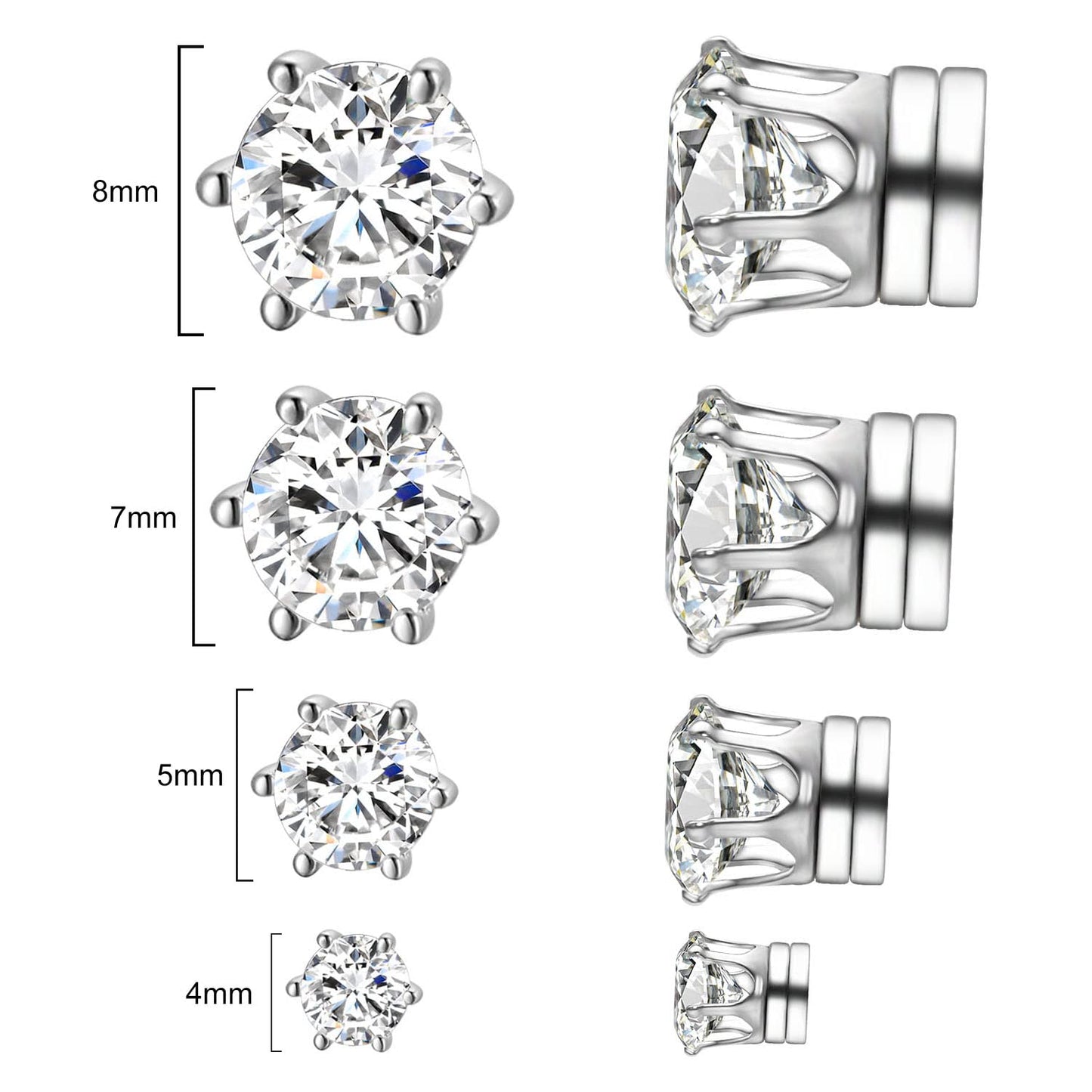 Airokiy Non Piercing Magnetic Earrings for Men Sliver Fake Diamond Magnetic Earrings Set 4 Pairs (4/5/7/8mm)