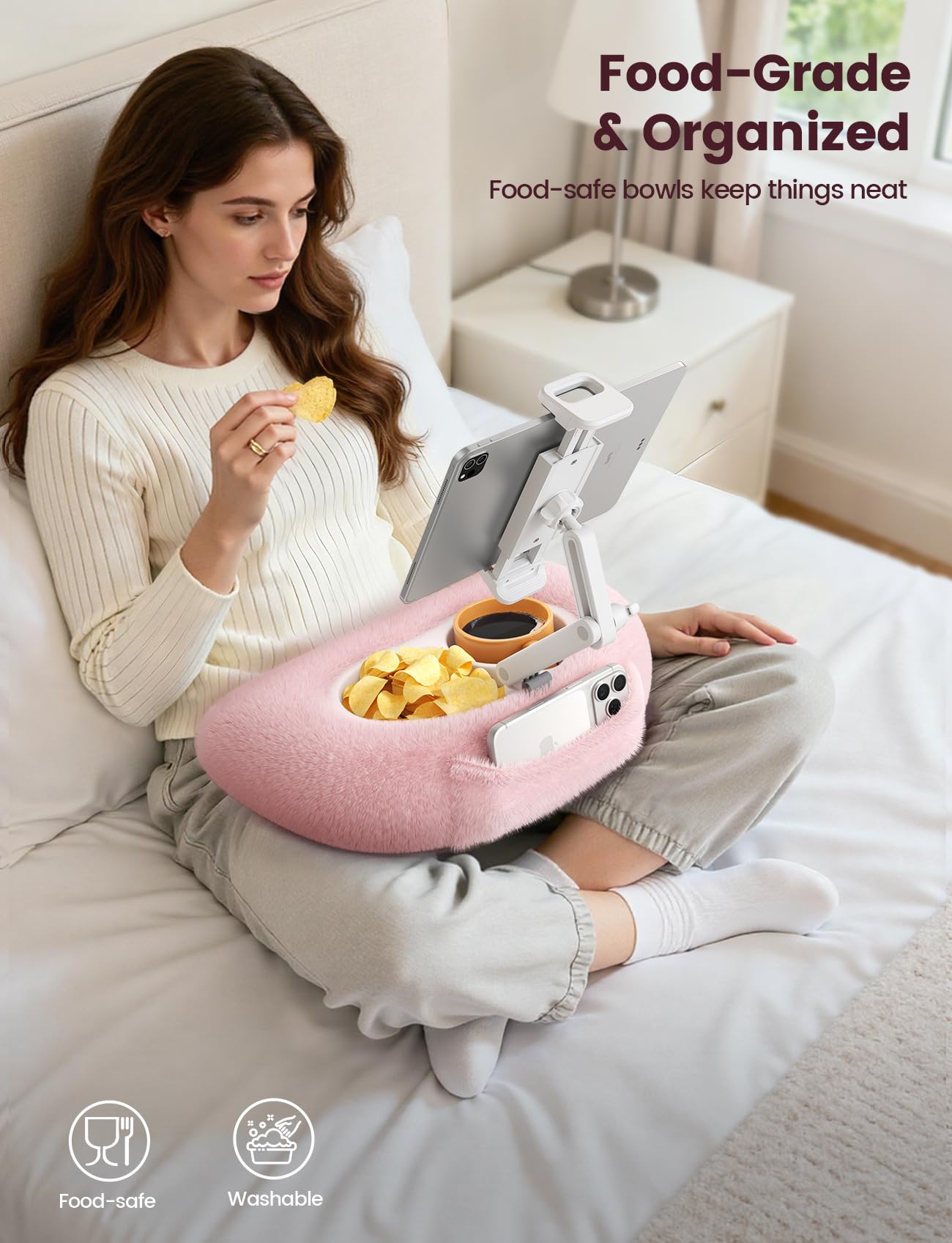 Lamicall Kindle Holder Tablet Pillow Stand - [360° Adjustable Arm][Soft & Washable] iPad Lap Holder, Kindle Accessories for Reading in Bed, iPad Stand with Bowl for 4.7-13" Tablet, E-Reader, iPhone