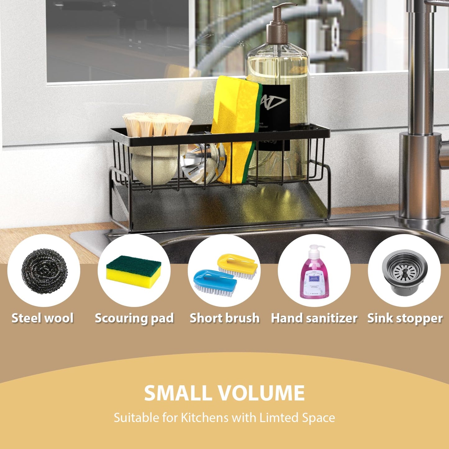 KABUM Sponge Holder Drain Rack for Kitchen Sink - 4-in-1 Organizer Holds Sponge, Soap, Stopper & Mini Brush, 9” Long Rustproof Carbon Steel Tray, Essential Kitchen Storage for a Tidy countertop, Grey