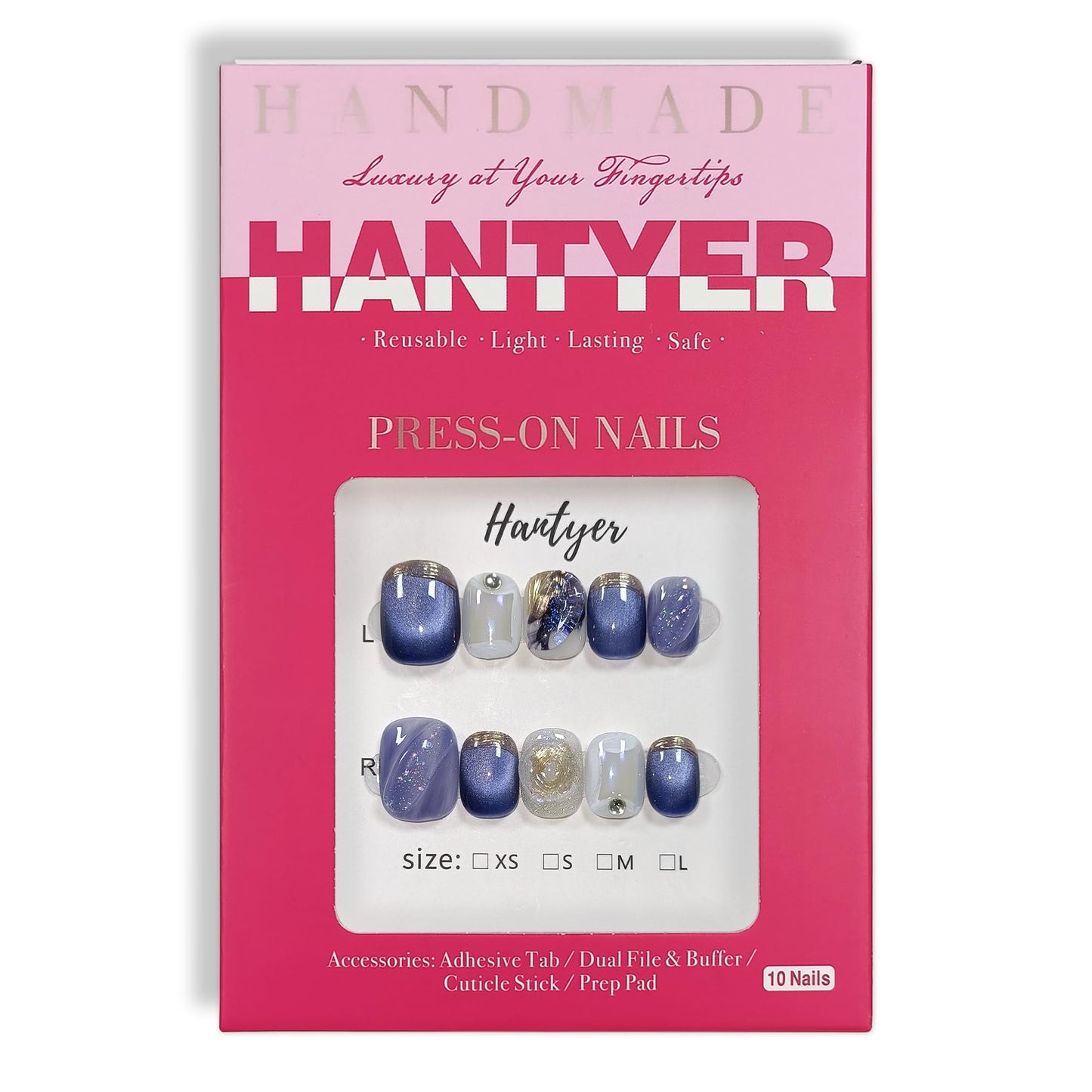 Hantyer 10pcs Press on Nails, Short Squoval Fake Nails, Blue Cat Eye Ombre with Golden Bling Edge, Glossy Finish Handmade Nails Sweet Style, Reusable for Party (Size M)