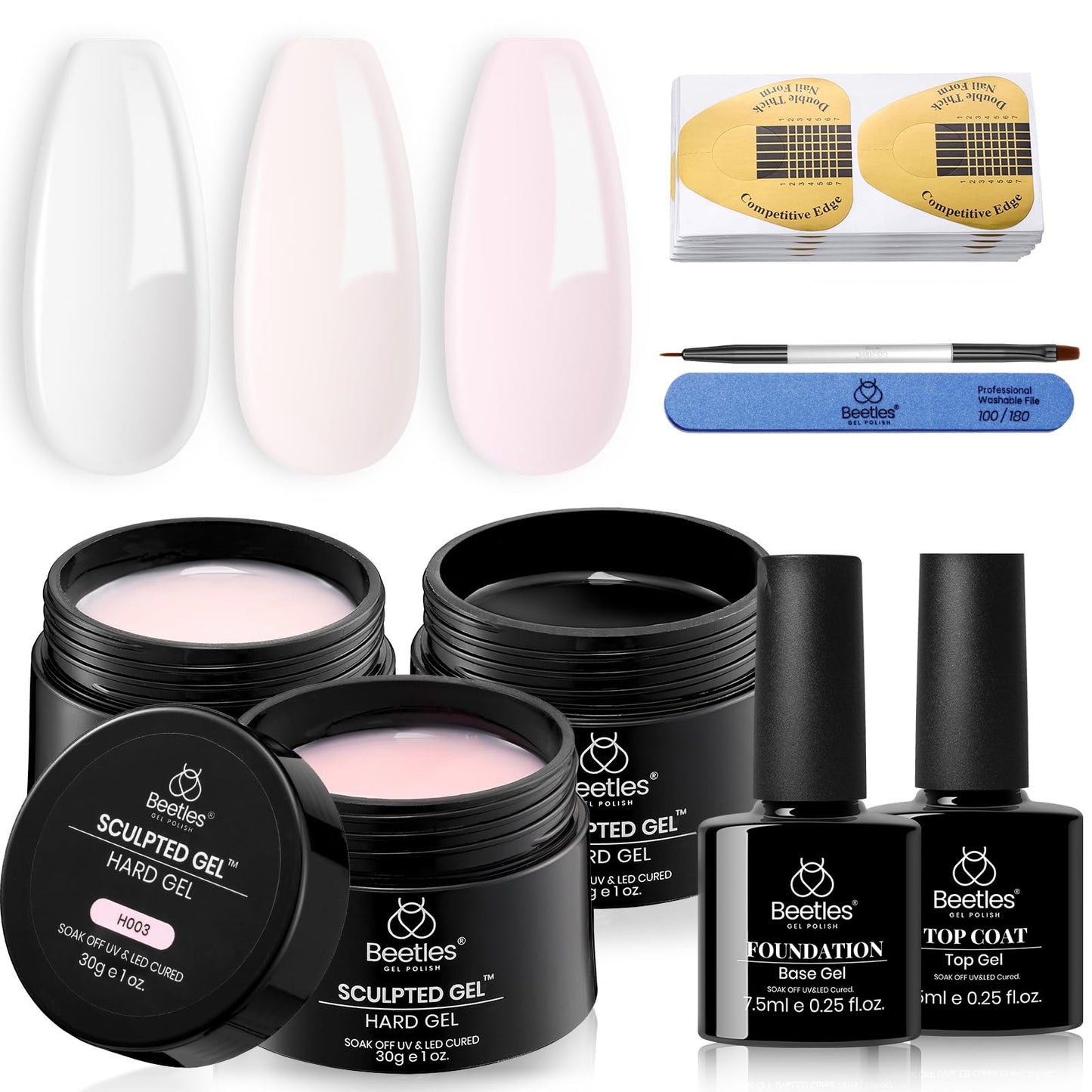 Beetles Builder Gel for Nails-3 Colors 9 in 1 Nail Extension Sculpting Building,Clear Nude Pink Hard Gel Kit with Base Top Coat for Pros,Gifts for Women,UV & LED Lamp Cured Needed