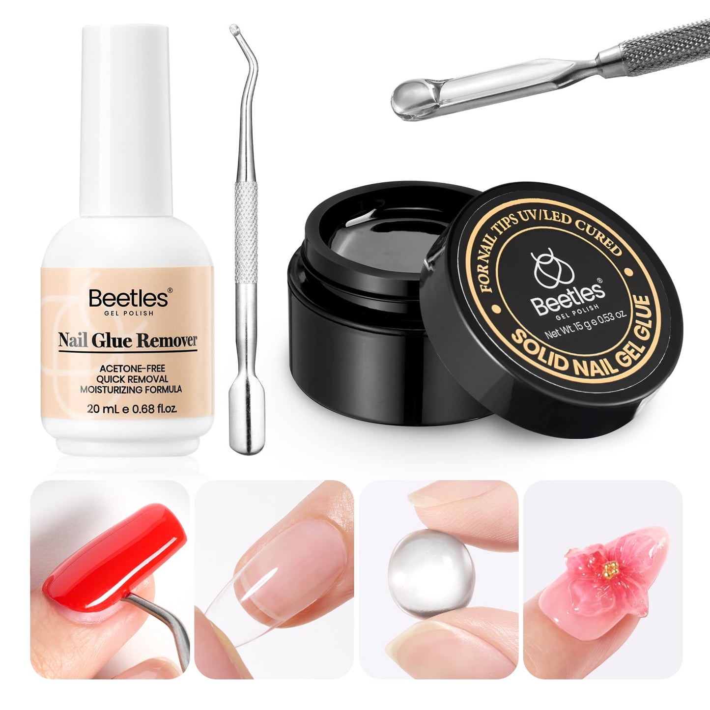 Beetles Solid Nail Glue Gel with 20ml Nail Glue Remover Set with Gel Nail Tips Medium Coffin Etch X Nail Tips, 12 Sizes 288Pcs Pre Shaped Half Matte Press On Nails