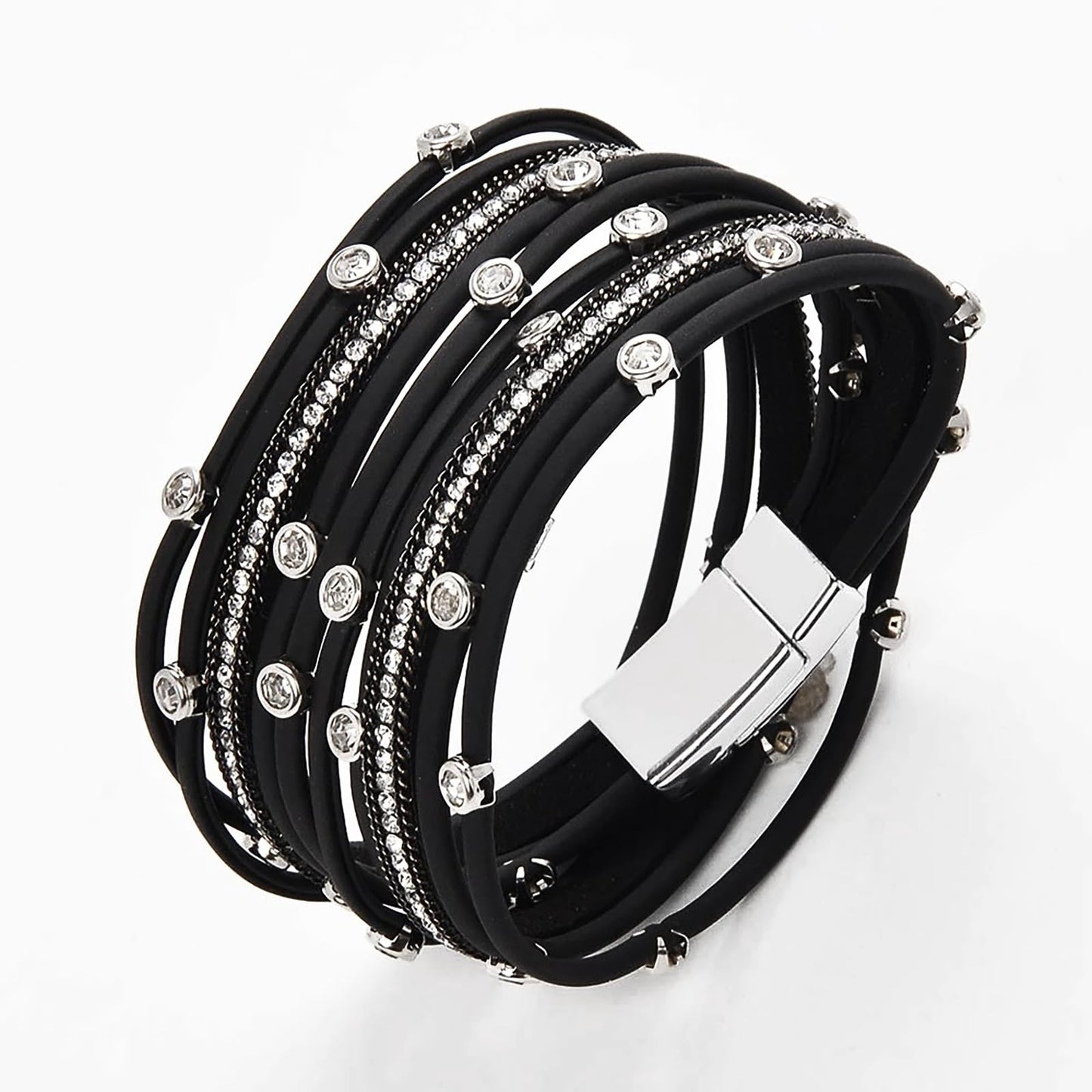 Leopard Bracelet for Women, Boho Leather Wrap Multi-Layer Pearl Crystal Bracelet Bangle Jewelry(Rhinestone(Black))