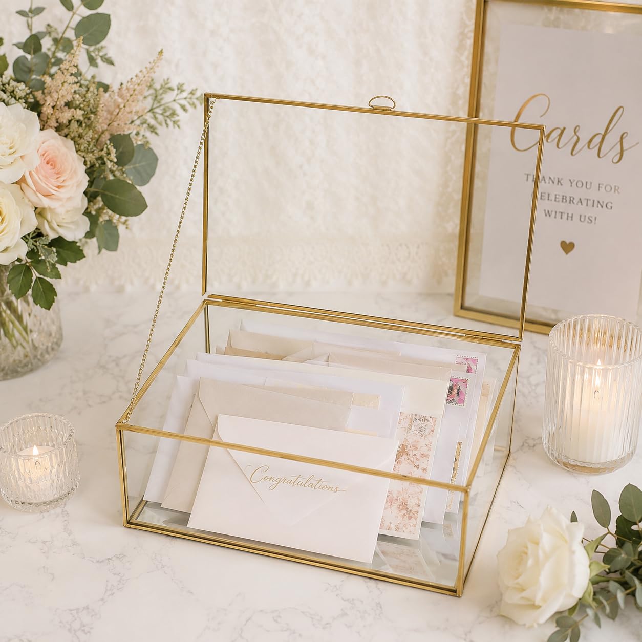 Feyarl Gold Glass Wedding Cards Display Box Keepsake Memory Photo Box Jewelry Trinket Rings Earrings Organizer Display Makeup Holder for Home Decor Wedding Engagement (10.8 x 7 x 3.9inch)