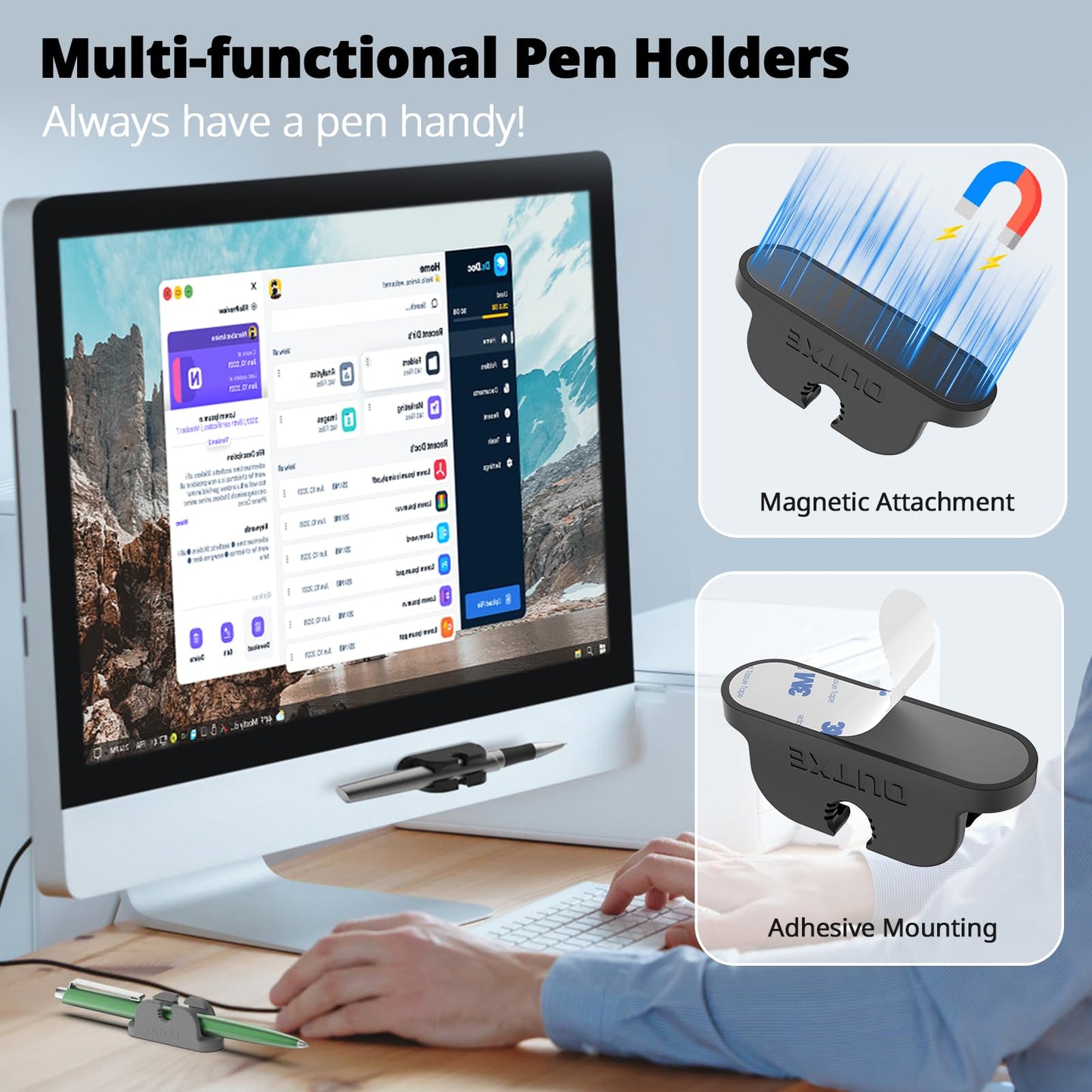 OUTXE 10-Pack Magnetic & Adhesive Pen Holder with Dual Slots - Easy Organize & Access Pencil, Pen, Marker- Perfect for Desk, Wall, Refrigerator, Whiteboard, Clipboard