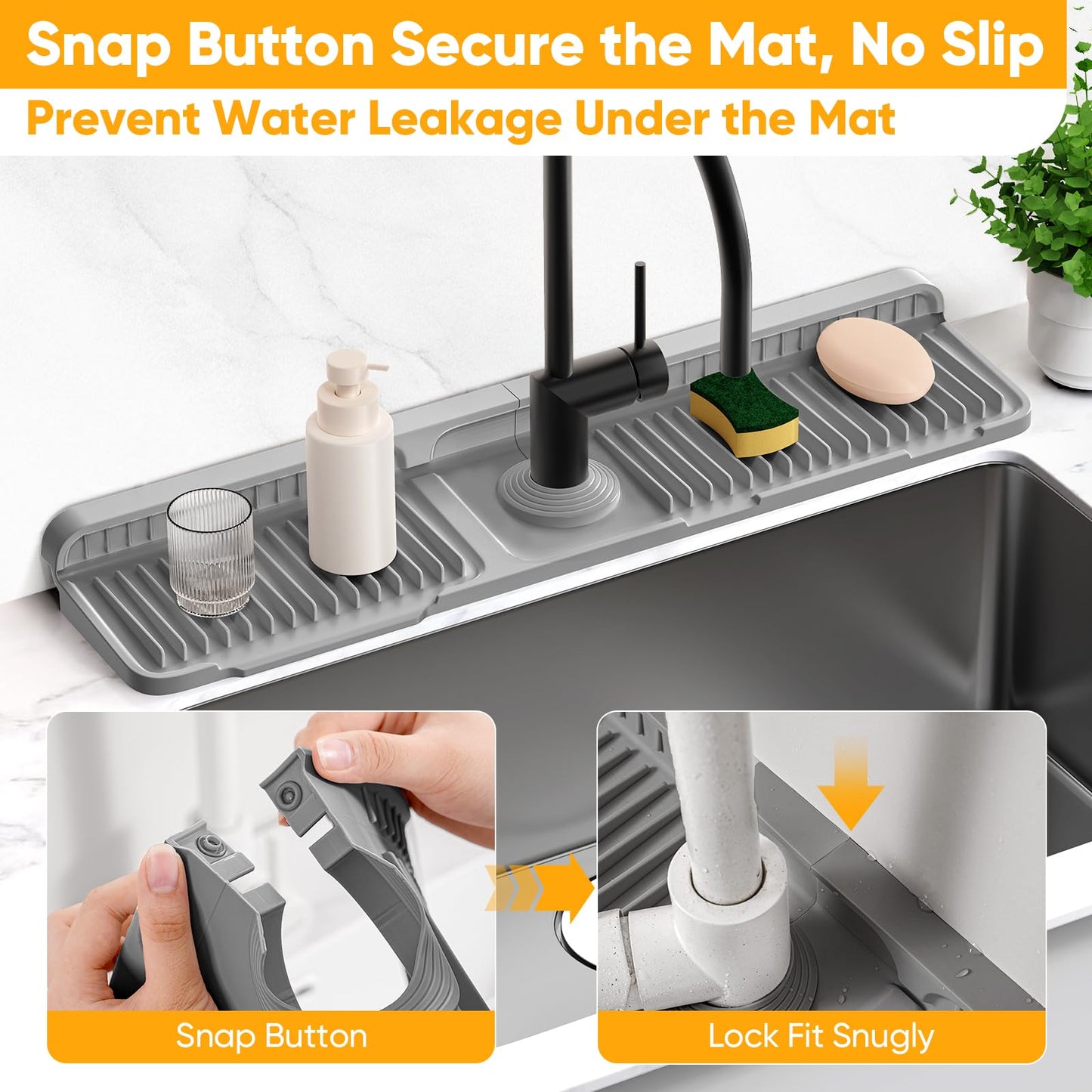 24'' Longer Faucet Mat for Kitchen Sink Splash Guard[7° Slope Fast Self-draining][Snap Lock Fit]Kitchen Sink Faucet Mat Splash Guard Kitchen Sink Area Water Splash Guard Behind Faucet Draining Mat