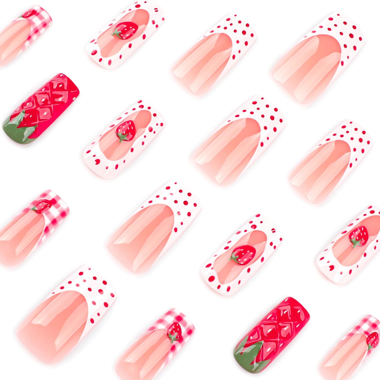 Strawberry Press On Nails Long Square 24pcs, Cute Fruit False Nails with Red Strawberry 3D Design, Pink Gingham French Tips Fake Nails, Glossy Stick On Acrylic Nails Reusable Nail Kit for Women Girls