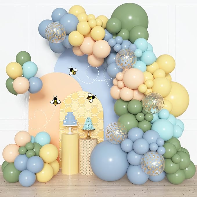 Amandir 153pcs Blue and Yellow Balloon Arch Kit, Different Sizes 18 12 10 5 inch Sage Green Dusty Haze Blue Pastel Yellow Cream Gold Confetti Balloons for Birthday Party Bear Baby Shower Decorations