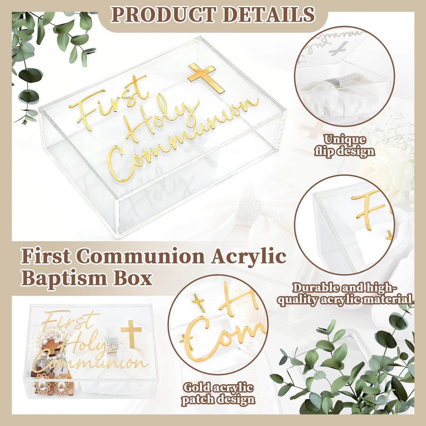 Fiwochic First Communion Keepsake Box Acrylic Baptism Memory Gift Box for Boy Girl Catholic Religious First Holy Communion Prayer Storage Gift for Rosary Jewelry Memento Photo, 8 x 5.5 x 2.36 Inch