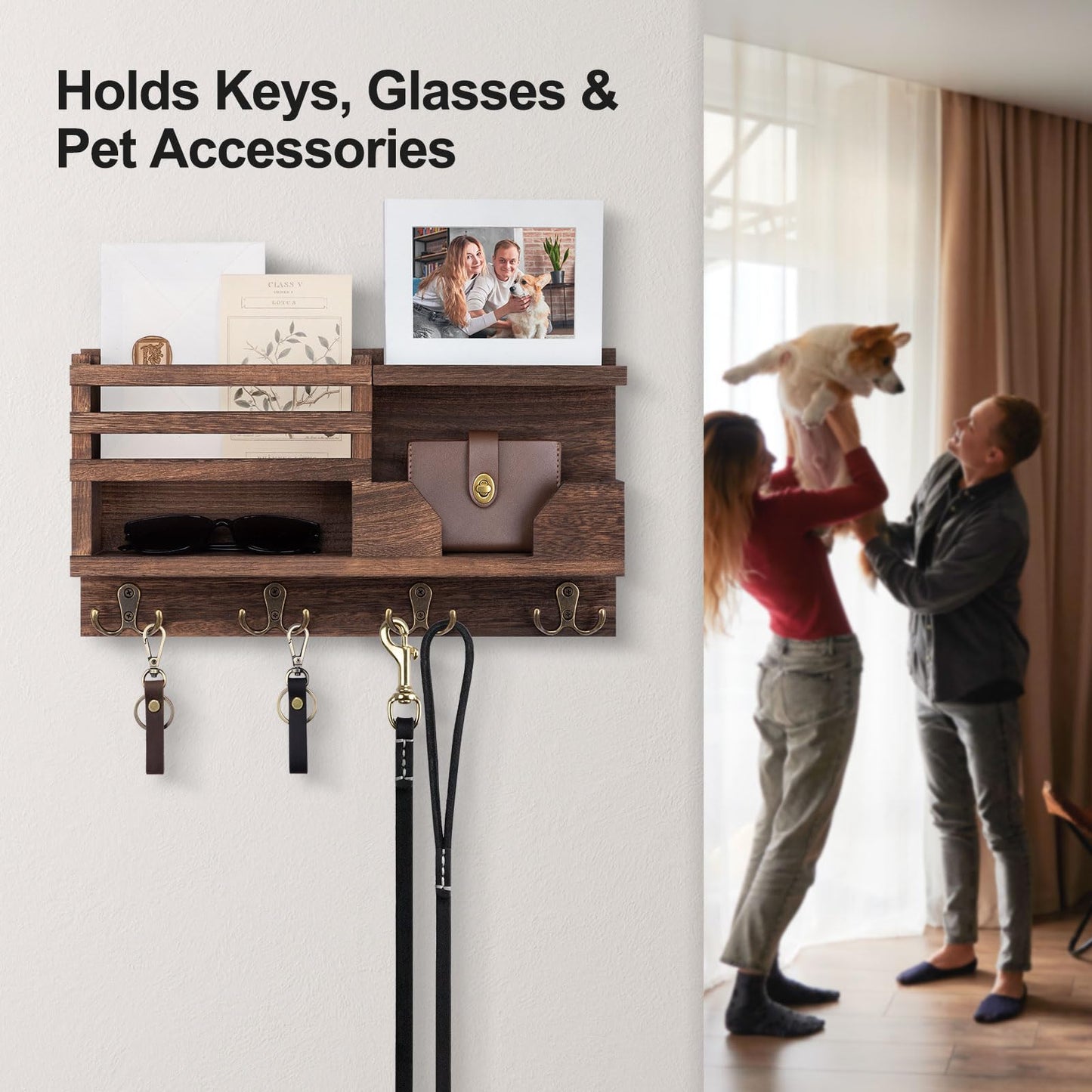 Lwenki Mail and Key Holder for Wall – Decorative 15.9” x 8.7” x 3.2” Entryway Organizer with Shelf – Paulownia Wood with 4 Dual Hooks Includes Mounting Hardware and Installation Guide