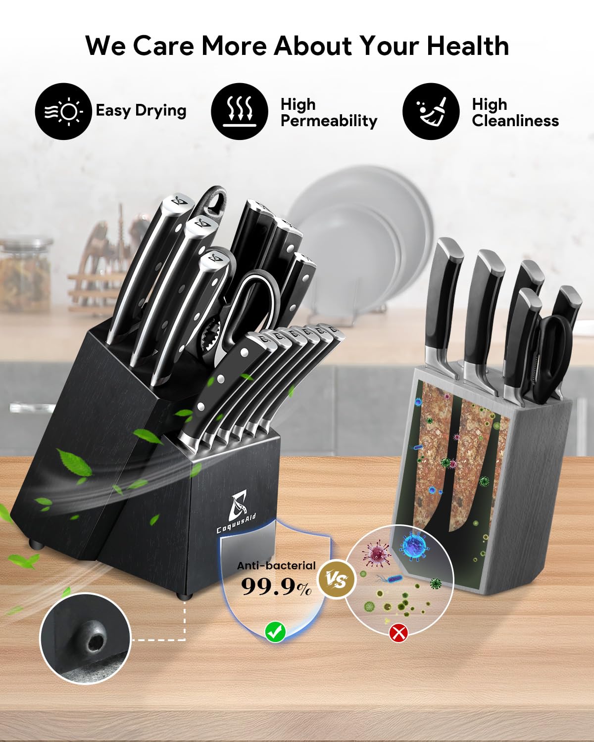 CoquusAid Knife Set, Upgrade 15 Pcs Knife Block Set with Widened Ventilated Slot, German Stainless Steel Kitchen Knives Set with Sharpener, Professional Chef Knives Set, Full Tang Ergonomic Handle