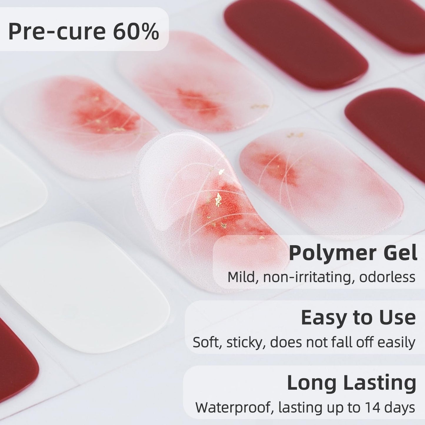 DUKASOU Semi Cured Gel Nail Strips, 56Pcs Fall Gel Nail Stickers/Wraps, Long Lasting UV Nail Polish Strips for Adults（Red+Wine Red）