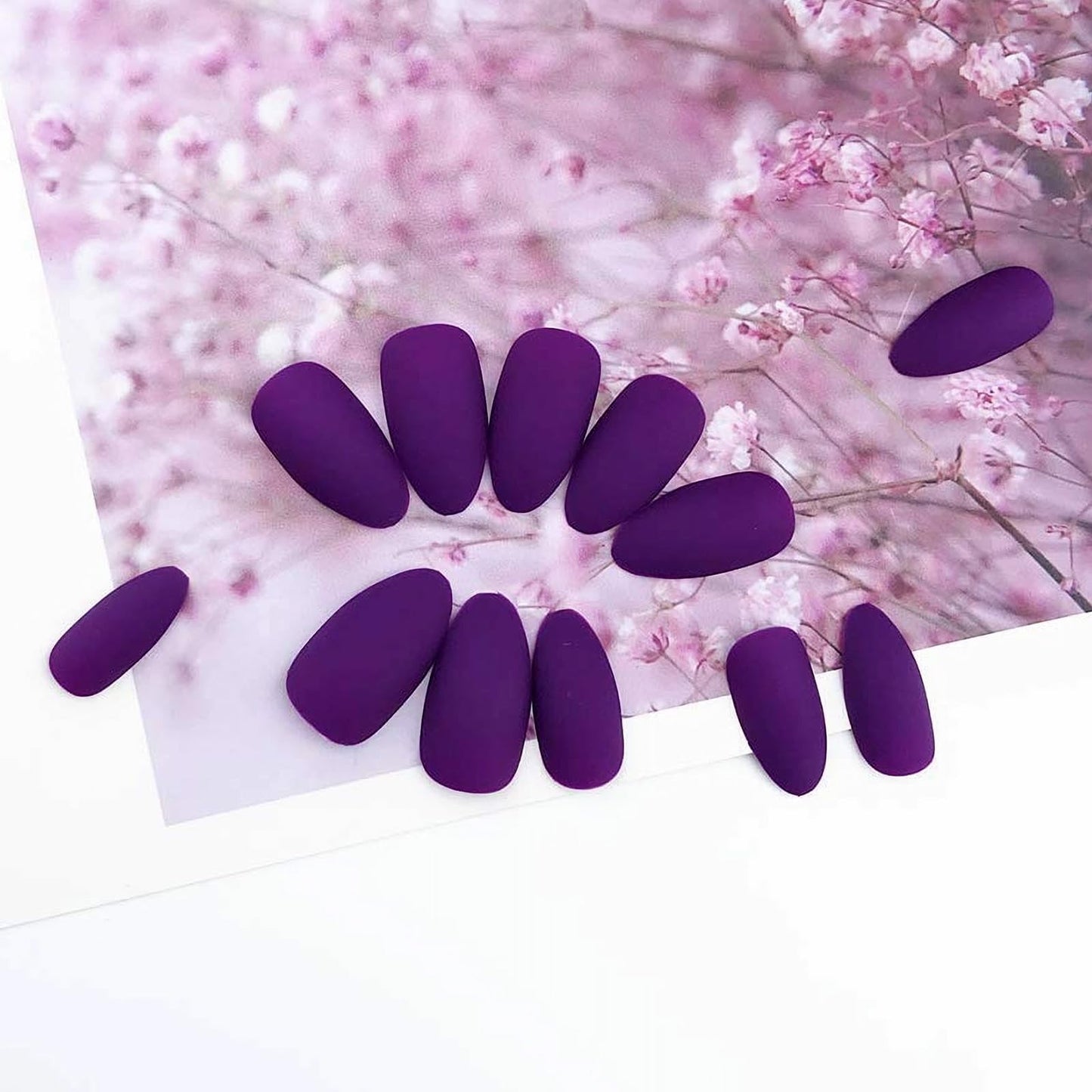 MISUD Press on Nails - Medium Stiletto Glue on Nails with Goth Purple, Acrylic Matte Gothic Design 24pcs