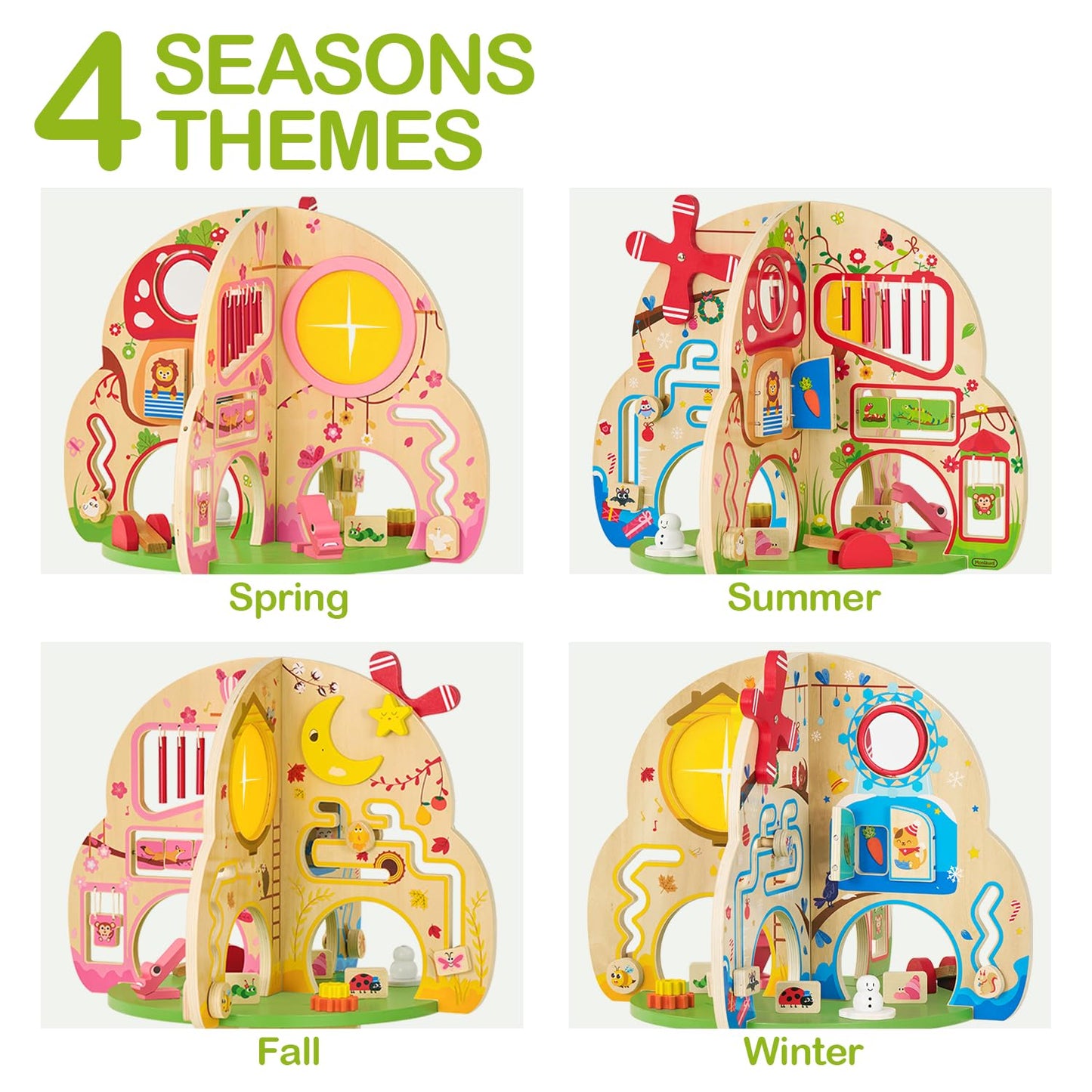 Monläurd® Montessori Wooden Tree Activity Center, Sensory Table & Busy Board for Toddlers 1-3, 4-Season Learning Activity Cube for Playroom & Daycare