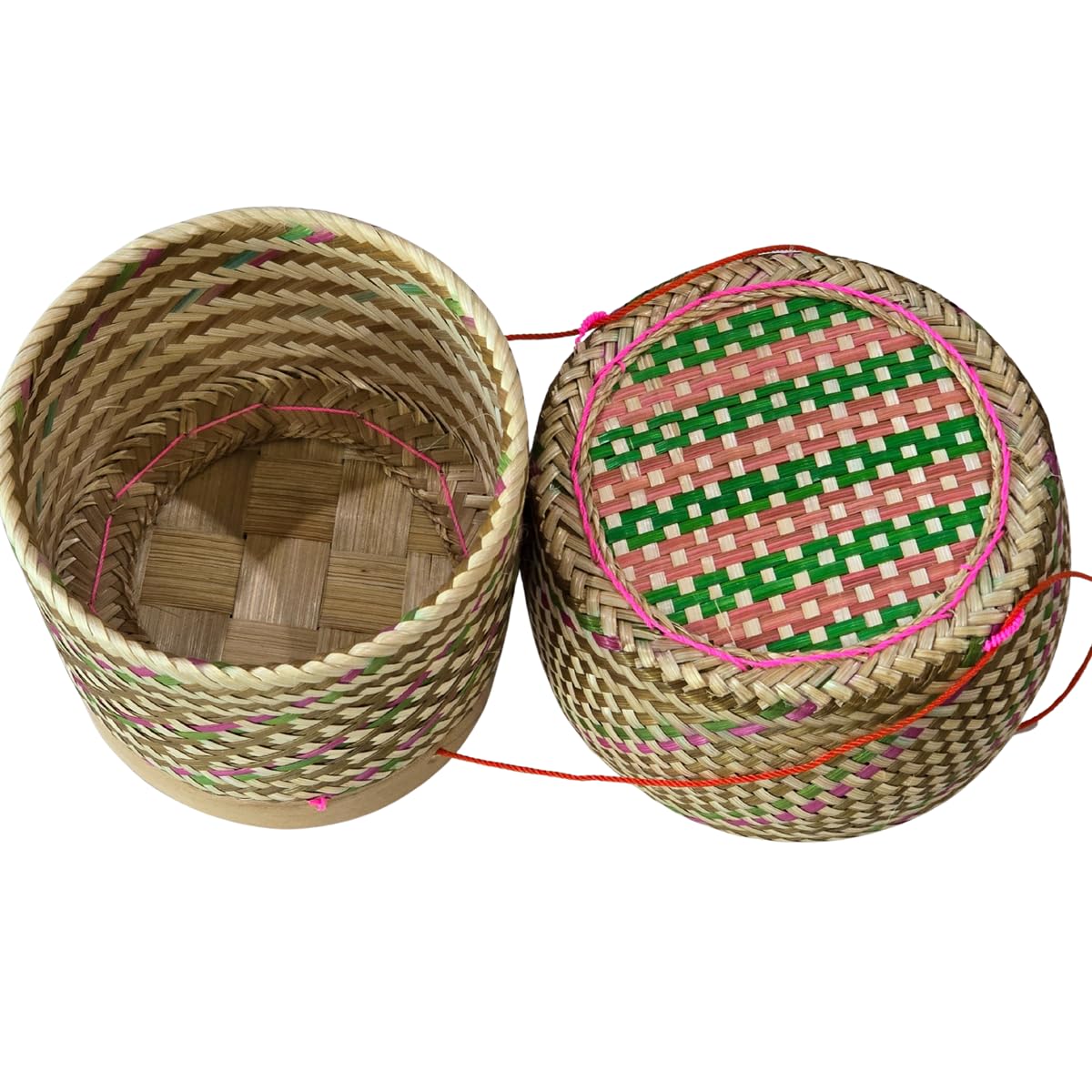 Heavens Tvcz Colorful Bamboo Sticky Rice Basket with Lid & String | 5” Handwoven Thai Lao Rice Container |