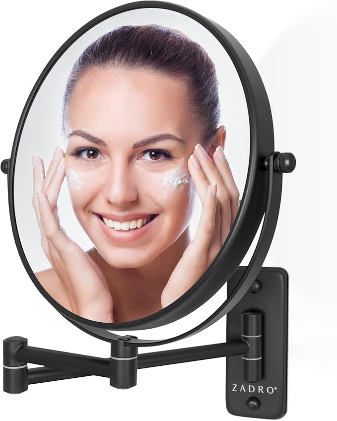 Zadro 7" Wall Mounted Wardrobe, Vanity Makeup Mirror with Magnification & Extending Arm (Large | 12.25" x 12" | 8X/1X, Black)