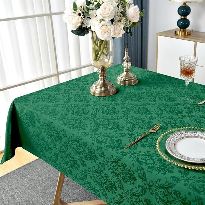 SASTYBALE Rectangle Jacquard Tablecloth, Damask Table Cloth SpillProof Wrinkle Resistant Tablecloths, Soft Polyester Oblong Table Cover for Kitchen, Dinner, Parties (Dark Green, 60X102)