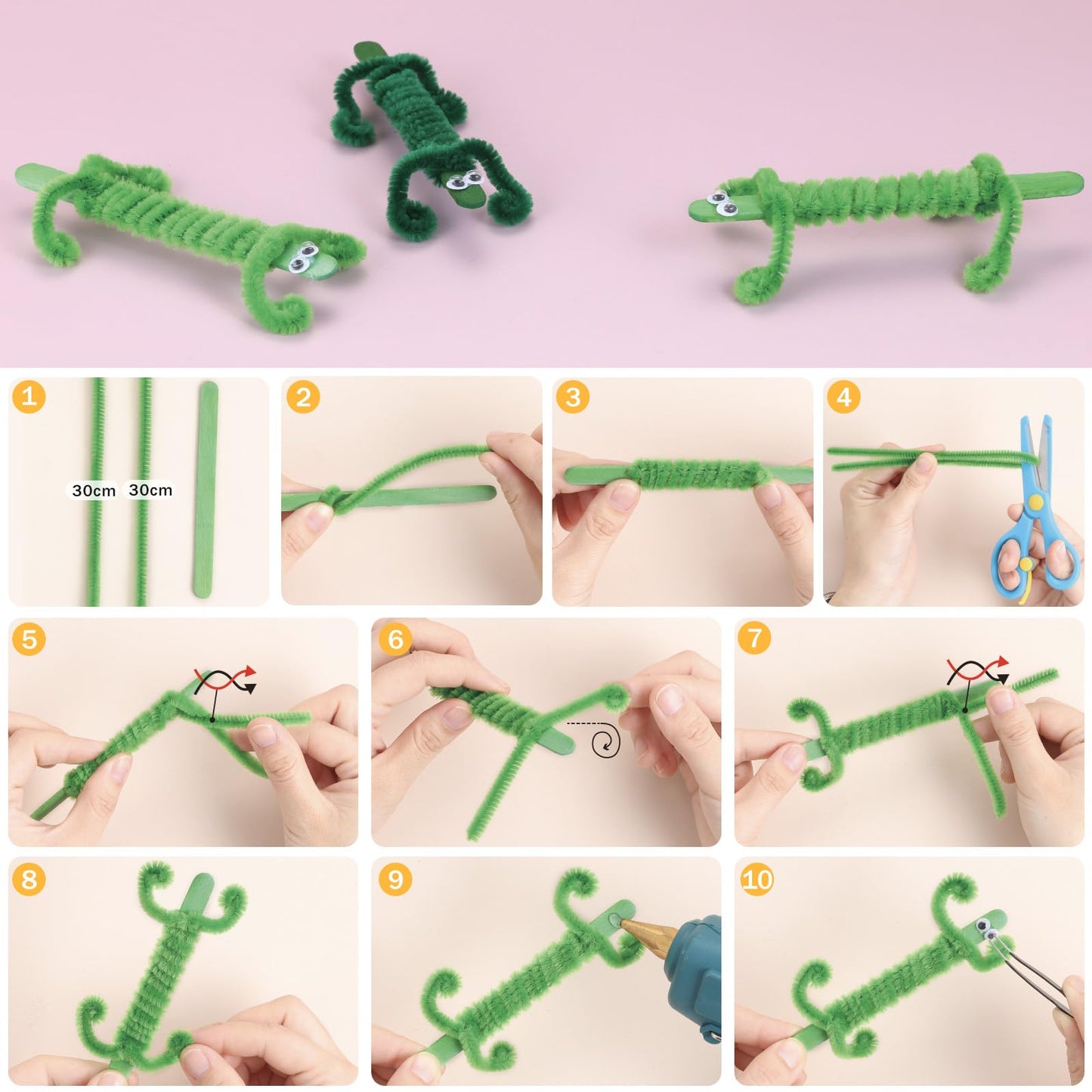 Funtopia 750pcs Pipe Cleaners Arts and Crafts Supplies for Kids, 20 Colors Chenille Stems with Craft Sticks & Pom Poms, DIY School Projects with 20 Simple Patterns Manual for Kids Ages 4 5 6 8 12