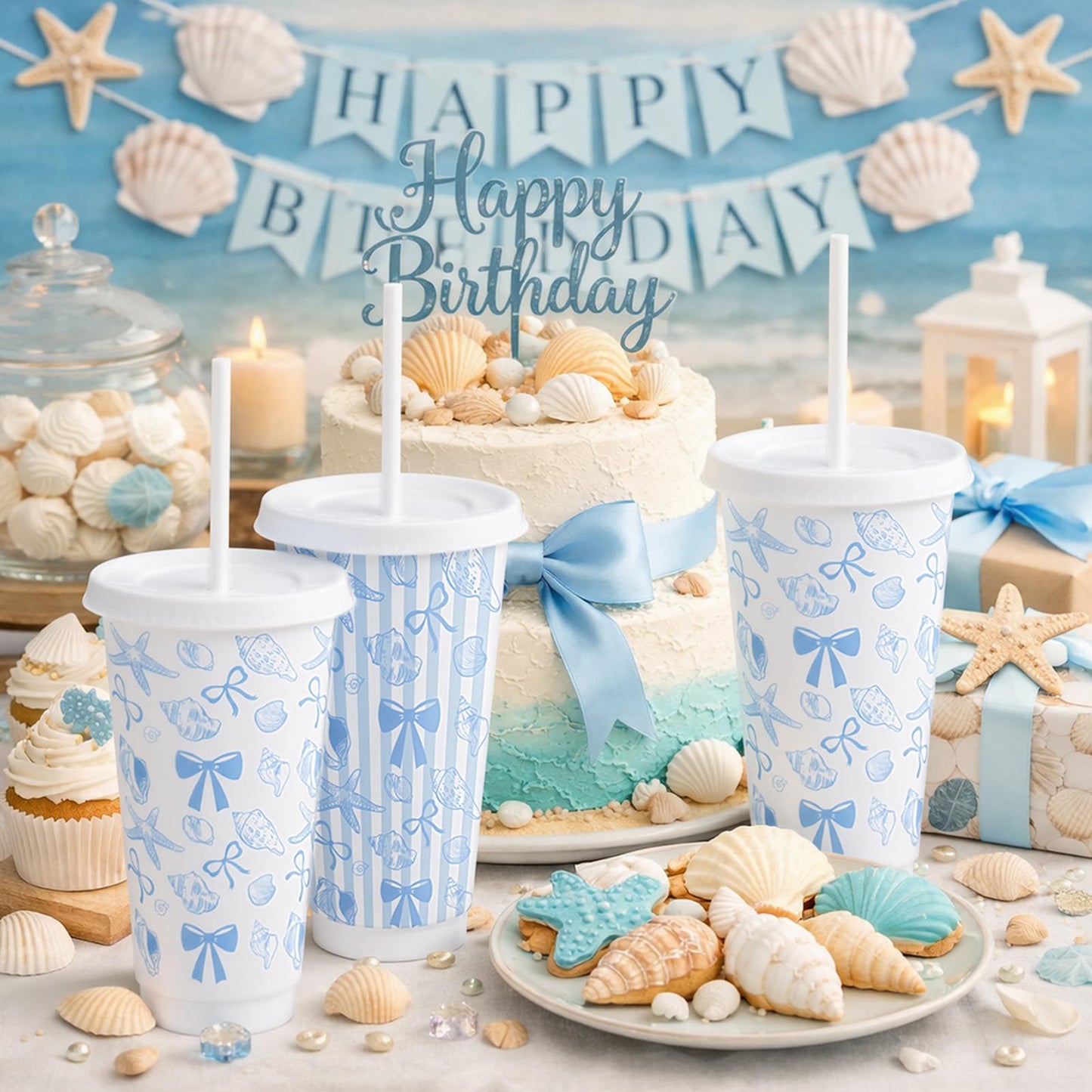 Pickmesh 12 Pcs 24 oz Coastal Blue Bow Plastic Cups with Lids and Straws Bulk Coastal Ocean Party Decoration Supply Blue Shell Reusable Tumbler for Birthday Wedding Baby Shower Party