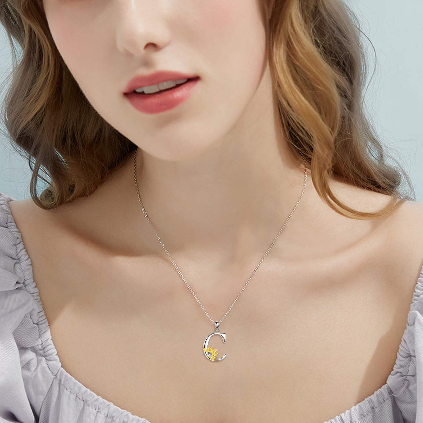POPLYKE Sterling Silver Initial Alphabet Letter C Name Pendant Necklace for Women for (Sunflower C)