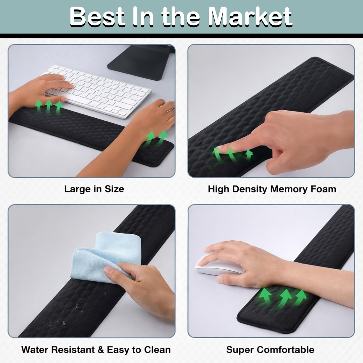 Ergonomic Memory Foam Keyboard Wrist Rest Pad, Extra-Wide Black, Soft Non-Slip Arm Cushion for Computer, Laptop & Desk | Pain Relief & Typing Comfort for Office & Gaming Use