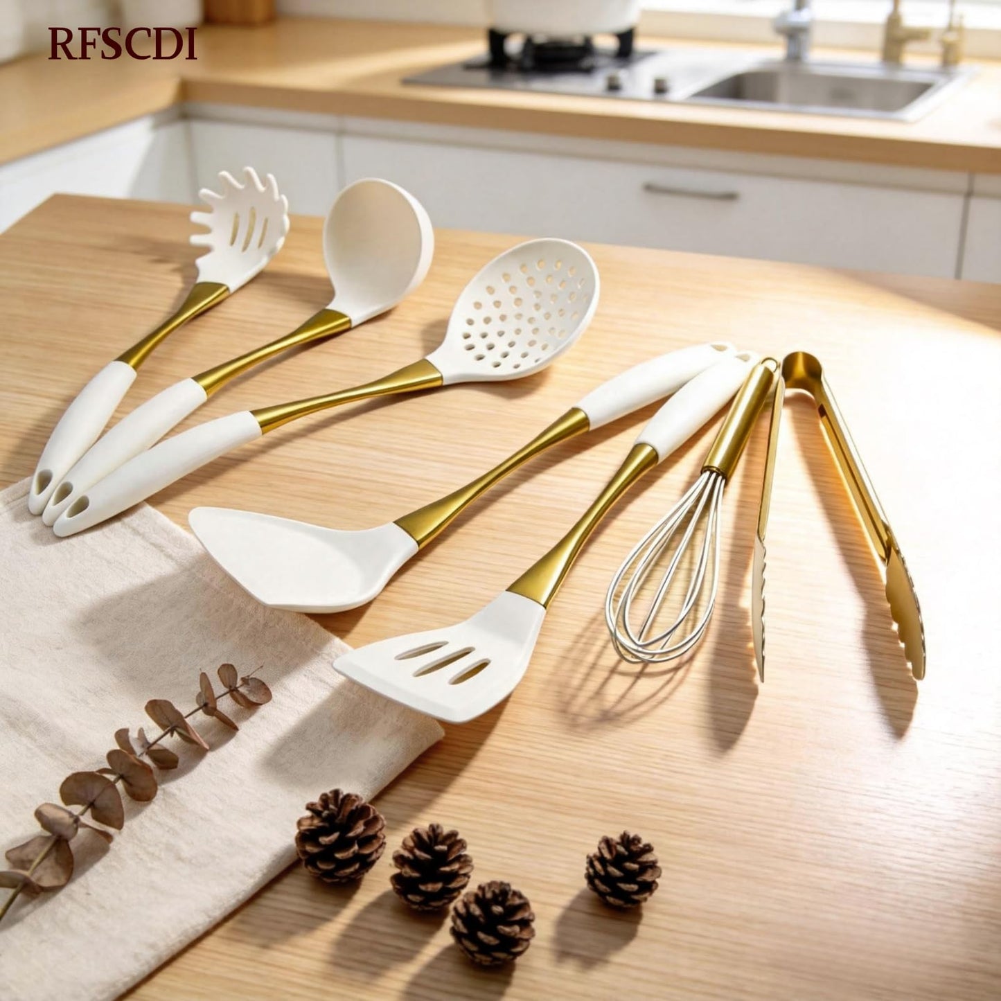 Elegant White Gold Silicone Cooking Utensils Set - Non-Toxic, Dishwasher Safe Kitchen Utensils Set with Heat Resistant Comfort Handles - Includes Spatula & Spoon for Nonstick Cookware