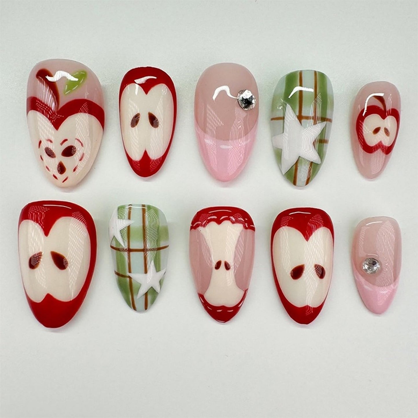 Medium Almond Press on Nails SWEKKE Pink French Tip Fake Nails Cute False Nails with Apple Stars Plaid Designs Funny Glossy Glue on Nails Stick on Nails for Women Girls 24Pcs