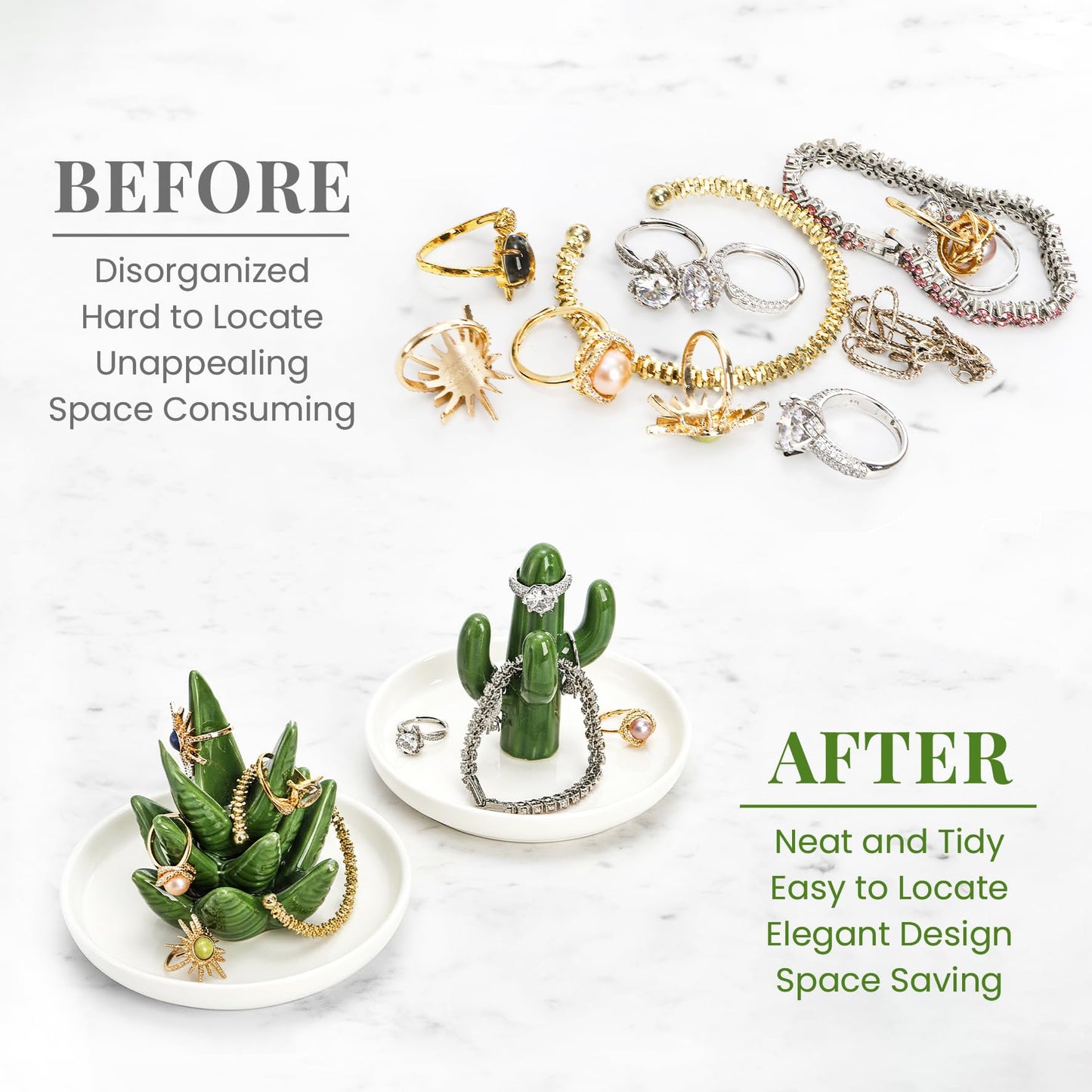 Elsjoy Set of 2 Ceramic Ring Holder Dish, Decorative Round Jewelry Display Trays, Aloe & Cactus Small Trinket Plate for Home, Gift, Mother's Day