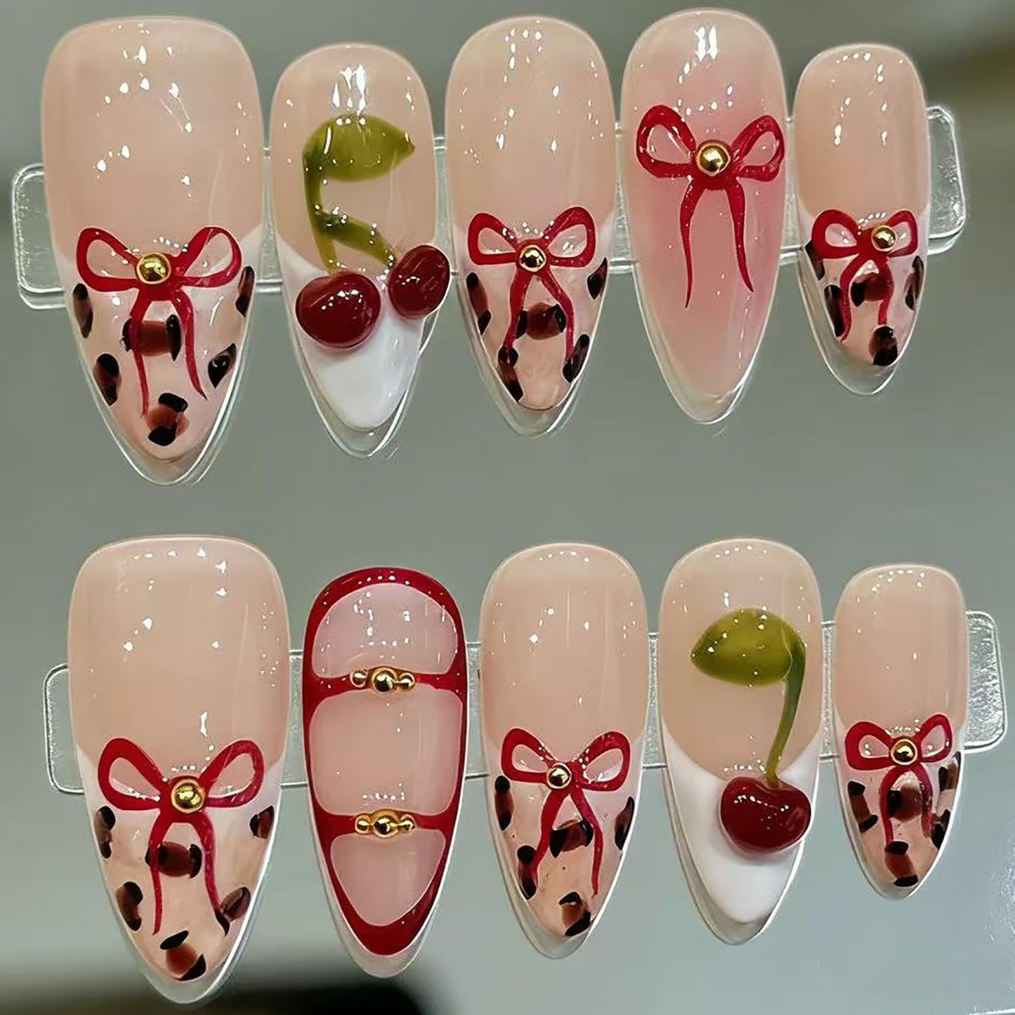 Luxury Press on Nails Medium Almond Handmade 3D Unique Reusable Fake Nails French Tip False Nails with Bow Cherry Designs Nude Leopard Print Glossy Glue on Nail Thick Acrylic Nail for Women10Pcs（S)