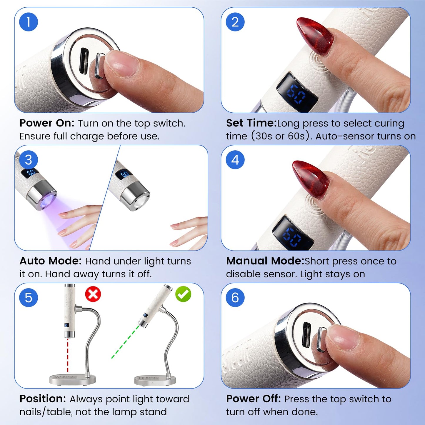 Rosiour Mini UV Lamp for Gel Nails- Flash Cure Handheld Nail U V Led Curing Light with Stand- Rechargeable Hands-Free Fast Dry UV Lamp with Auto Sensor for Home Manicure and Salon (White)