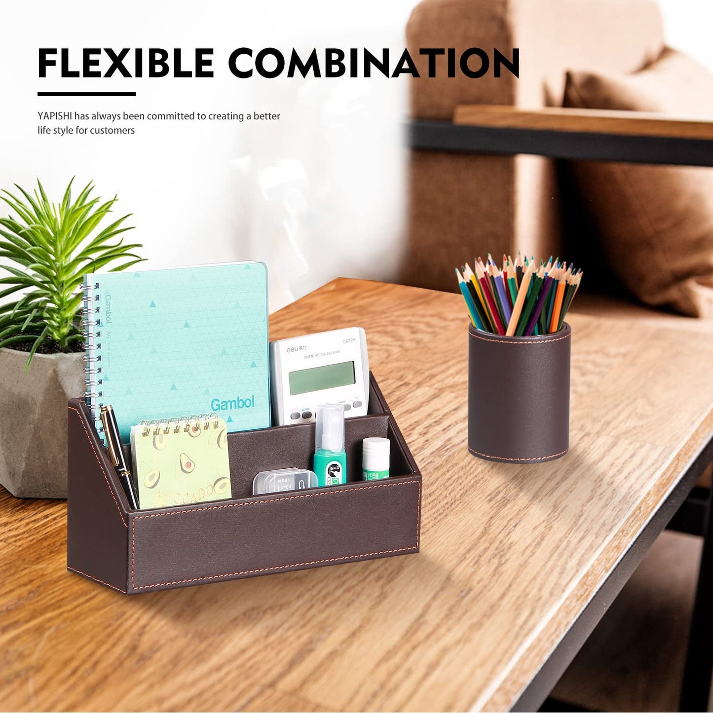 Desk Accessories and Workspace Organizers, 6 PCS Office Supplies Organization Set- Pencil Cup, Business Card Holder, Sticky Note Dispenser, Mail Sorter, Letter Tray, Files Holder, Desktop Caddy