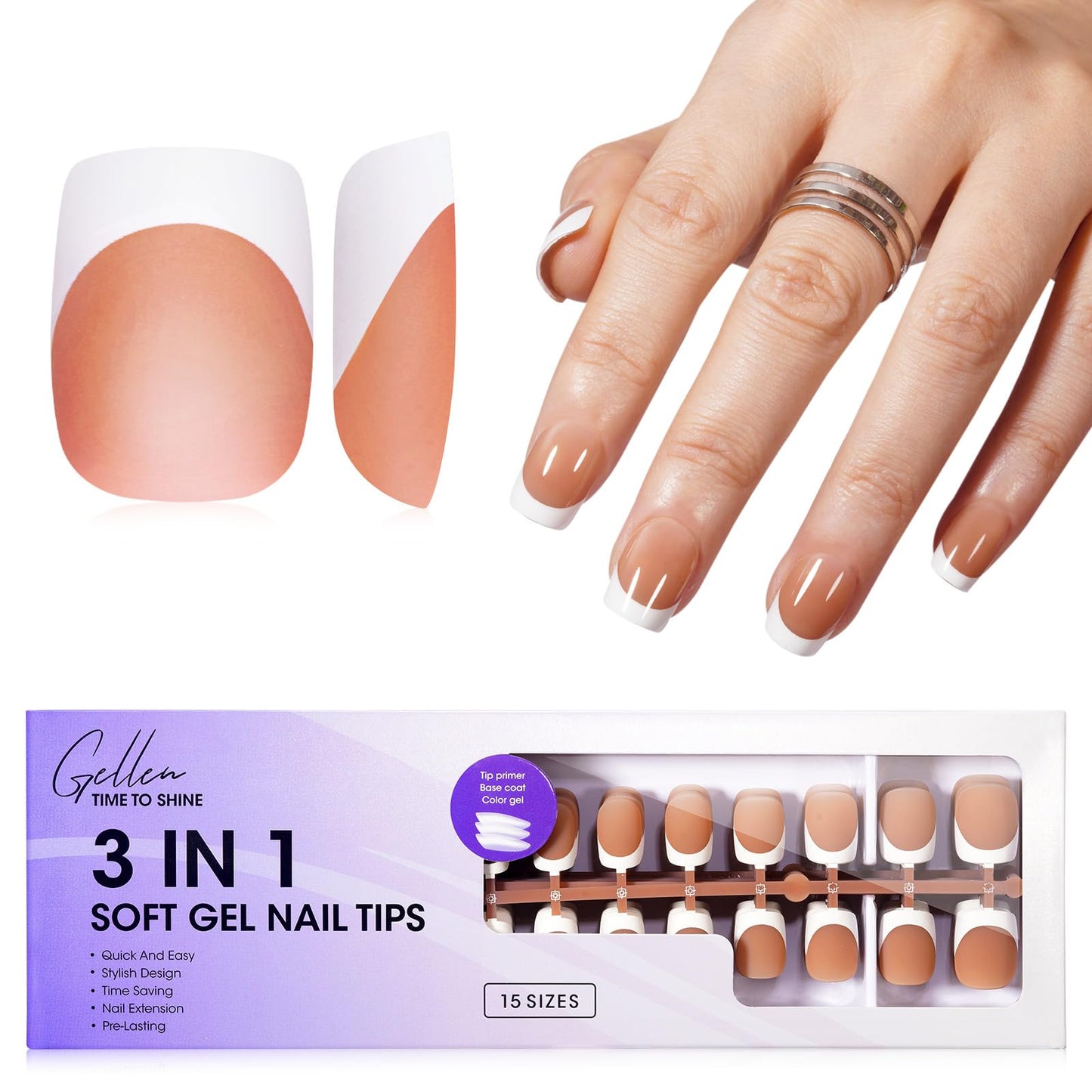 Gellen French Soft Gel Nail Tips - 150 pcs White French Tip Short Press on Nails Brown Square Shape, 3 in 1 Pre-french Gel Nail Tips 15 Sizes, Need Curing Under U V Light