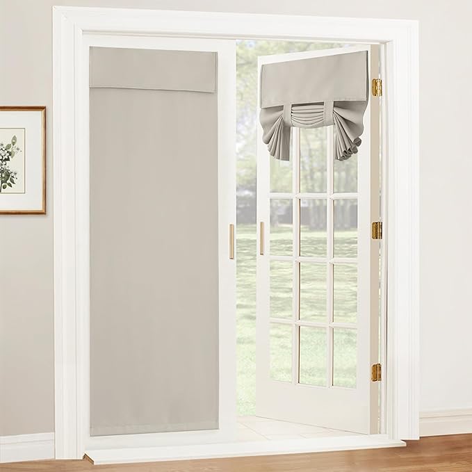RYB HOME Blackout Door Window Curtain, Self-Ahensive Blinds Privacy Room Darkening Front Glass Window French Door Curtains, W30 x L69 inch, Natural, 1 Pc