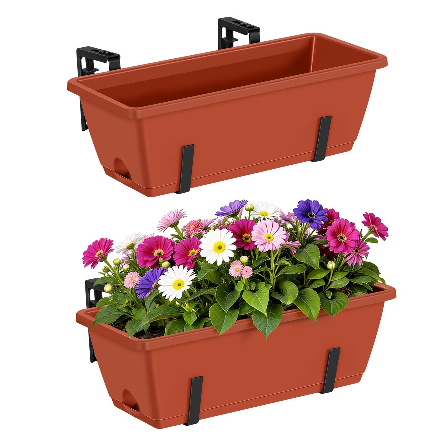 CADUKE Railing Planter Boxes Deck 2 Pack Railing Flower Box with Adjustable Bracket 17 Inch Window Boxes Rectangle Window Deck Hanging Planters Boxes for Outdoor Patio, Red