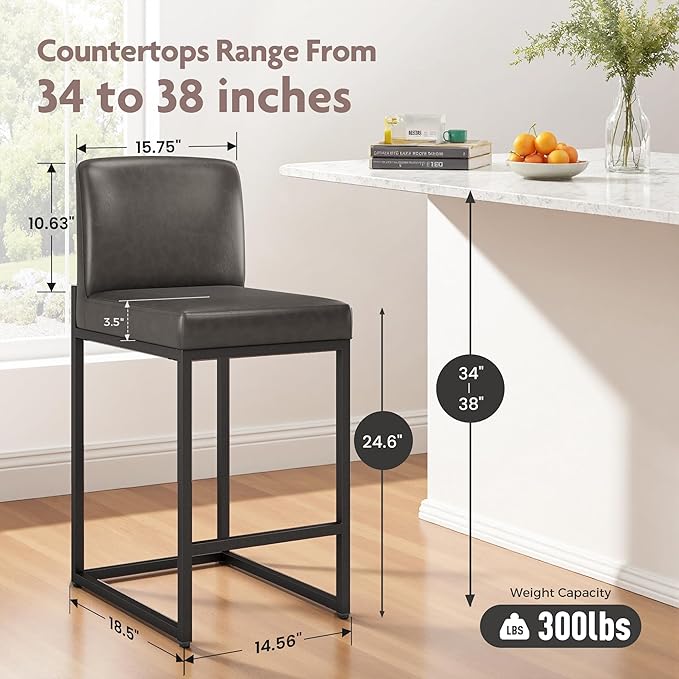 ALPHA HOME 24 Inch Bar Stools Set of 4, Kitchen Counter Stools with Backs, PU Leather Barstools, Kitchen Stools with Back&Upholstered Footrest, Sturdy Chromed Metal Steel Frame, Grey