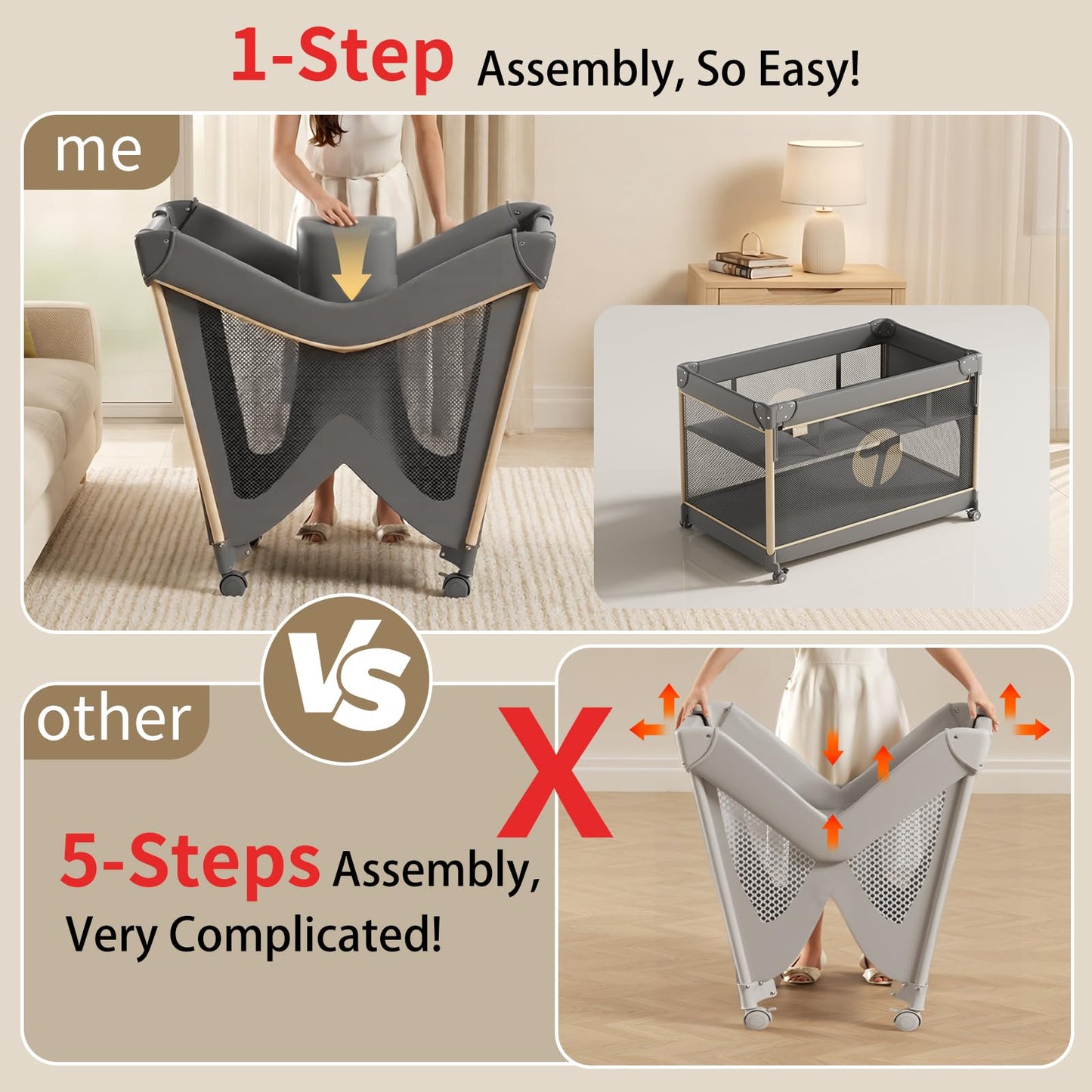 Trimigo 4-in-1 Pack and Play with Bassinet, Bedside Sleeper, Playard, and Changing Table, Folding Travel Crib with Musical Toy Rack & Bag, 4-Level Height Adjust, Newborn to Toddler（Ivy Gray）