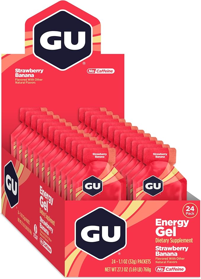 GU Energy Original Sports Nutrition Energy Gel, Vegan, Gluten-Free, Kosher, and Dairy-Free On-the-Go Energy for Any Workout, 24-Count, Strawberry Banana